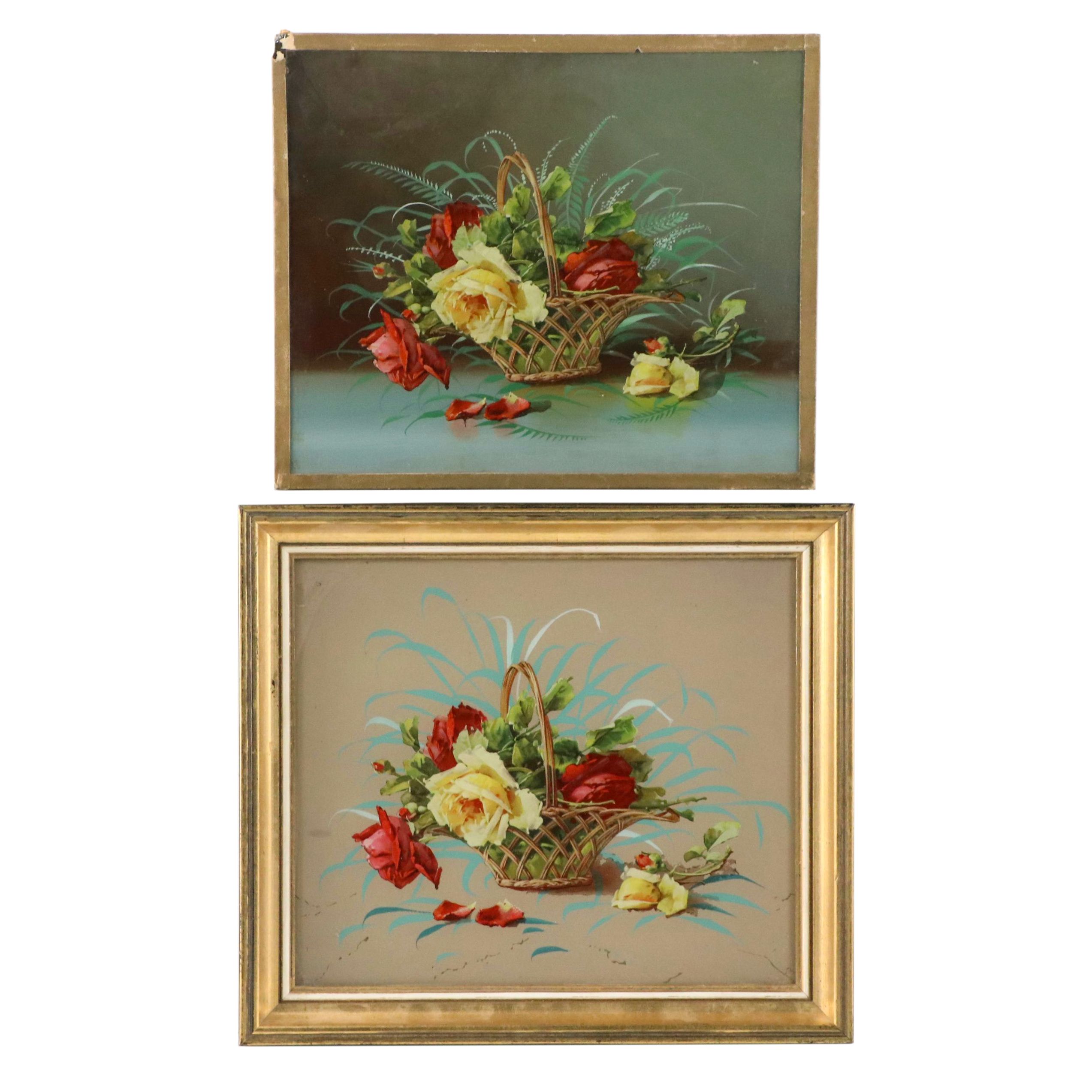 Chromolithographs of Still Lifes with Baskets of Flowers