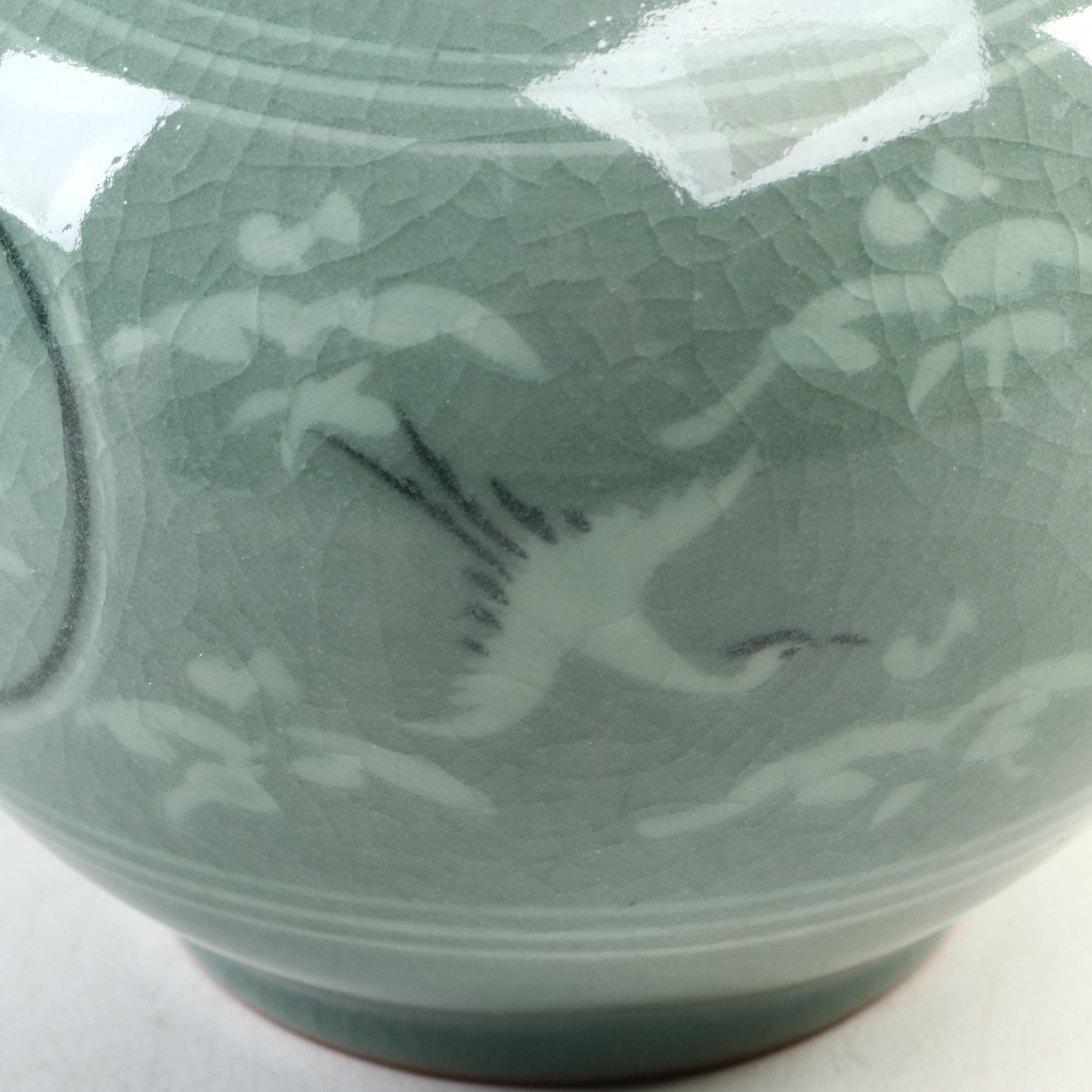 Korean Porcelain Celadon Crane Pattern Vase