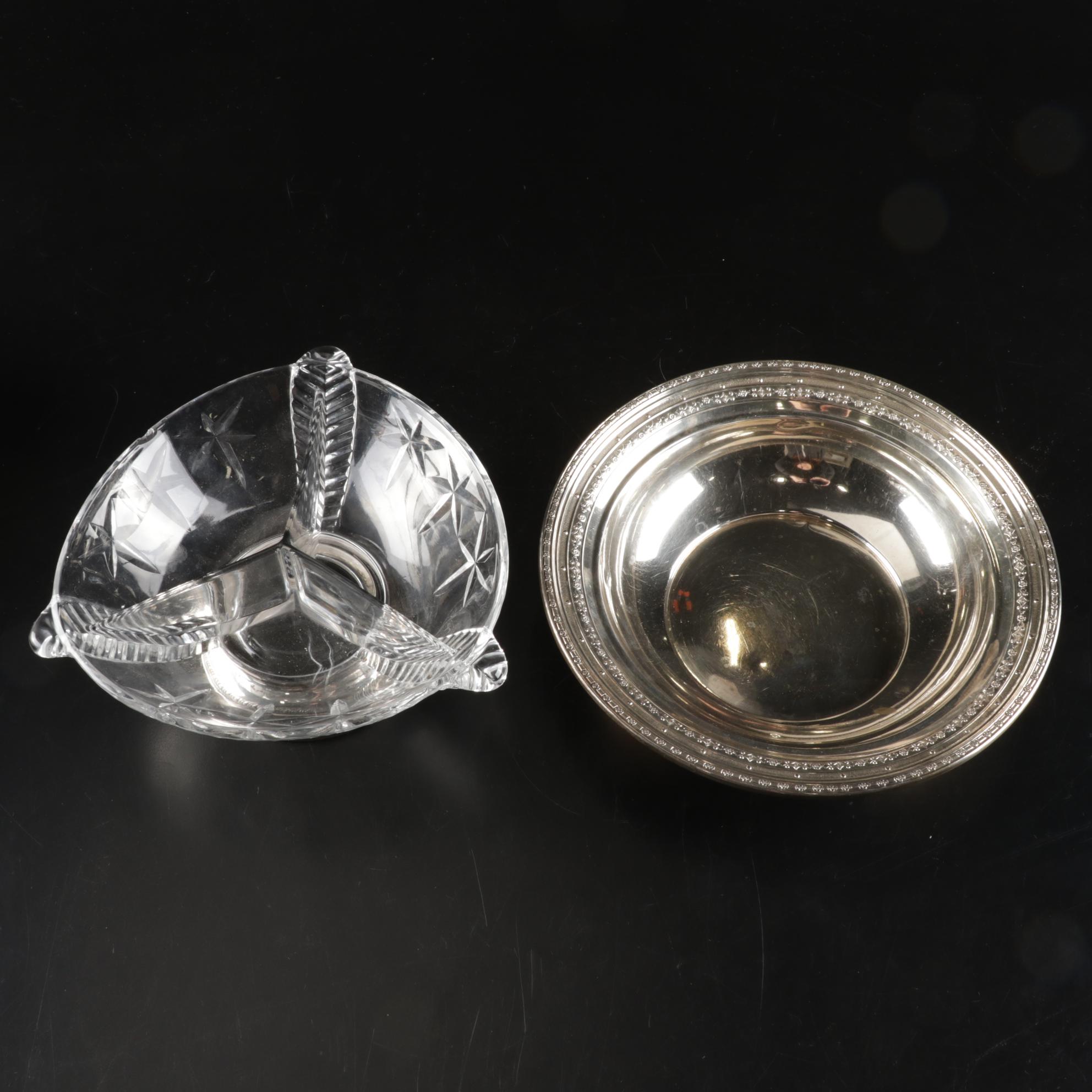 Sterling Silver Bowl, Crystal Relish Bowl with Sterling Base and Other Items