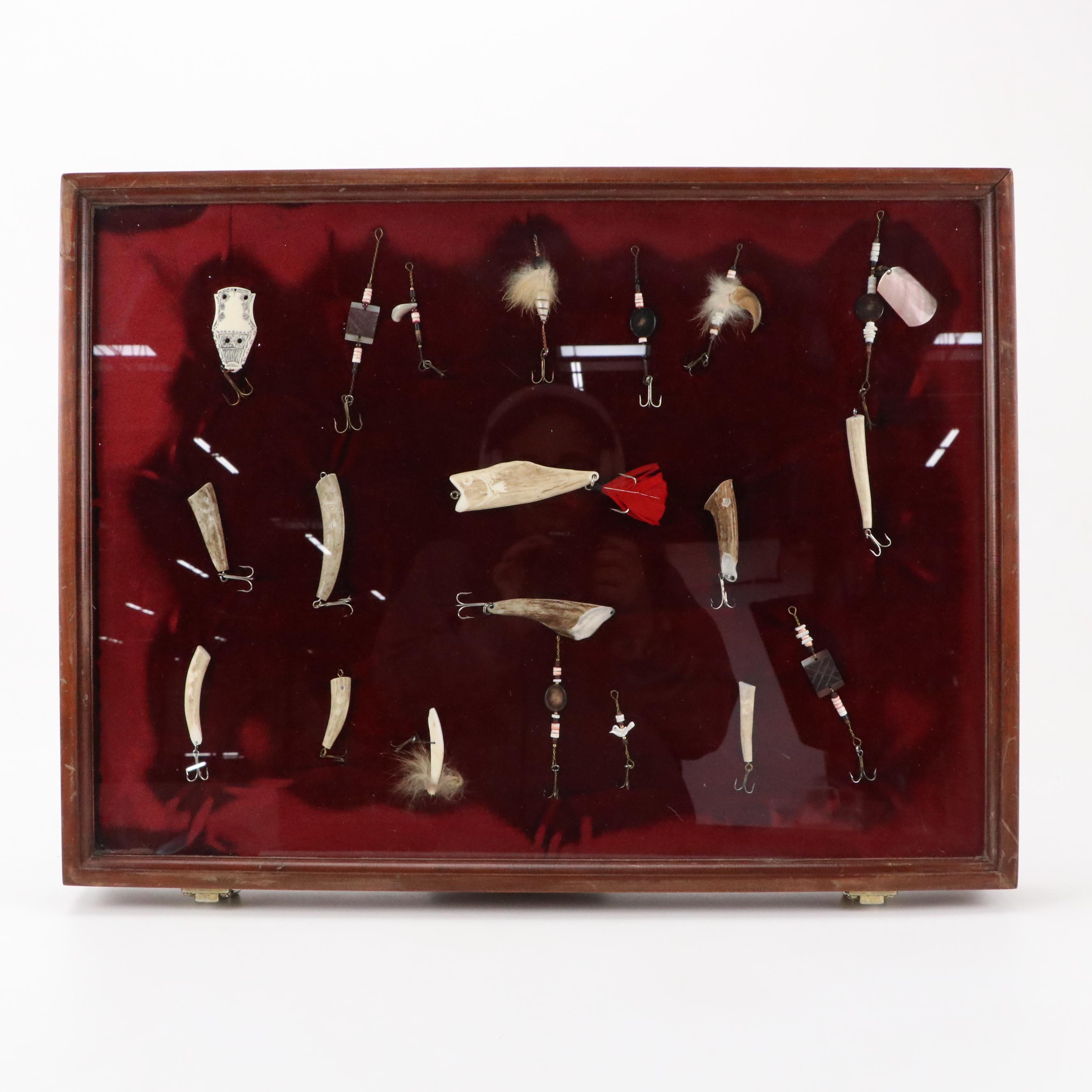 Hand-Carved Bone, Antler and Shell Fishing Lures in Display Case
