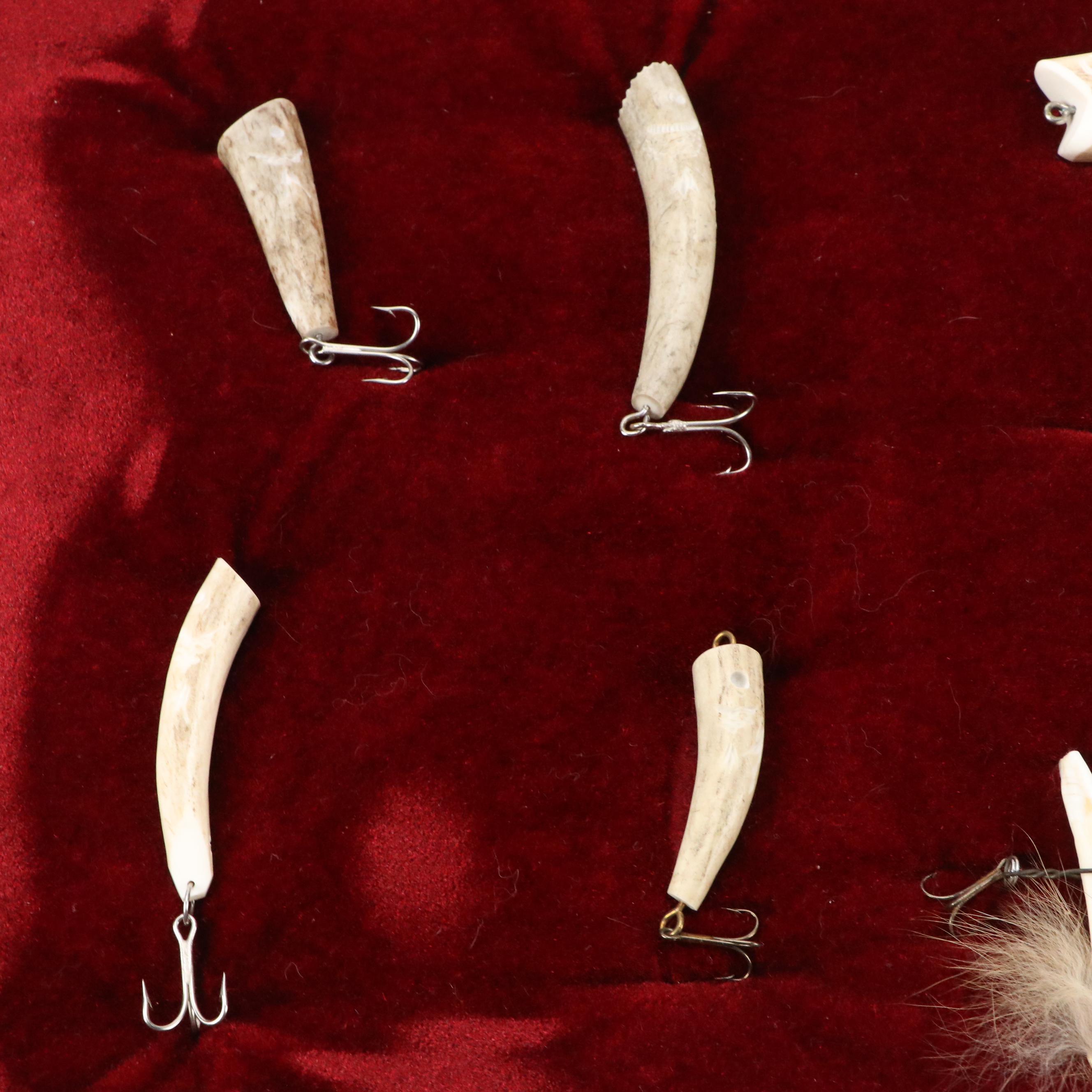 Hand-Carved Bone, Antler and Shell Fishing Lures in Display Case