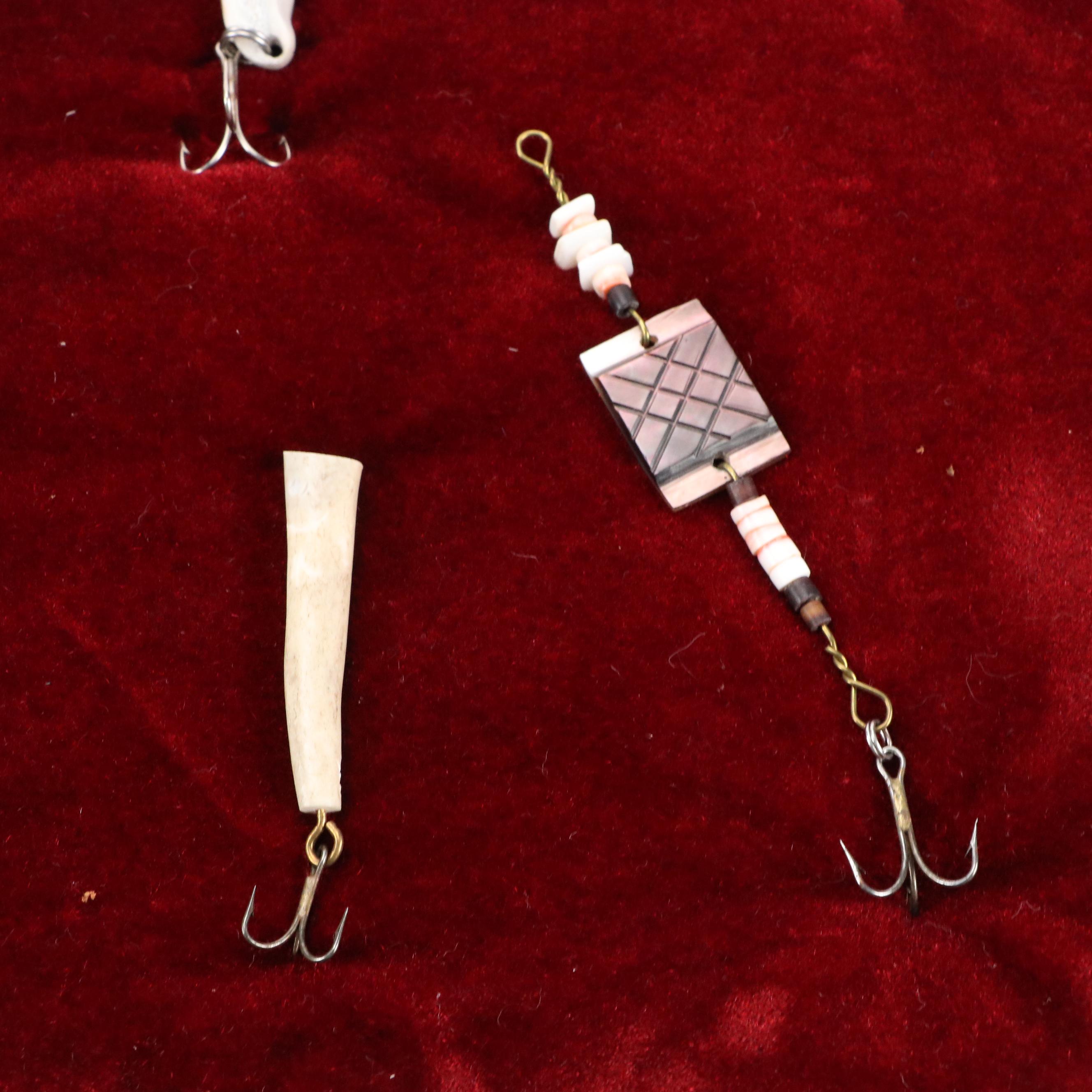 Hand-Carved Bone, Antler and Shell Fishing Lures in Display Case