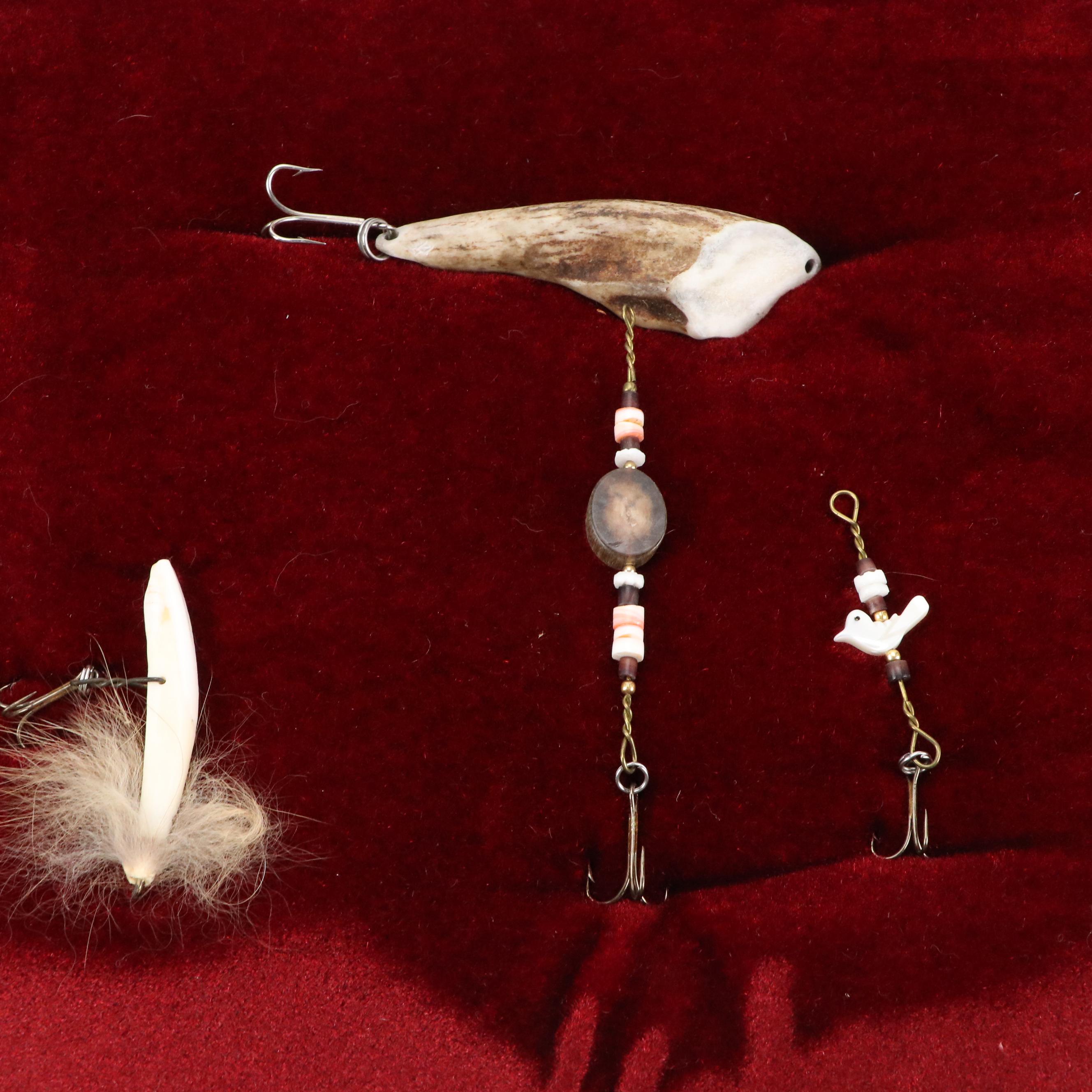 Hand-Carved Bone, Antler and Shell Fishing Lures in Display Case