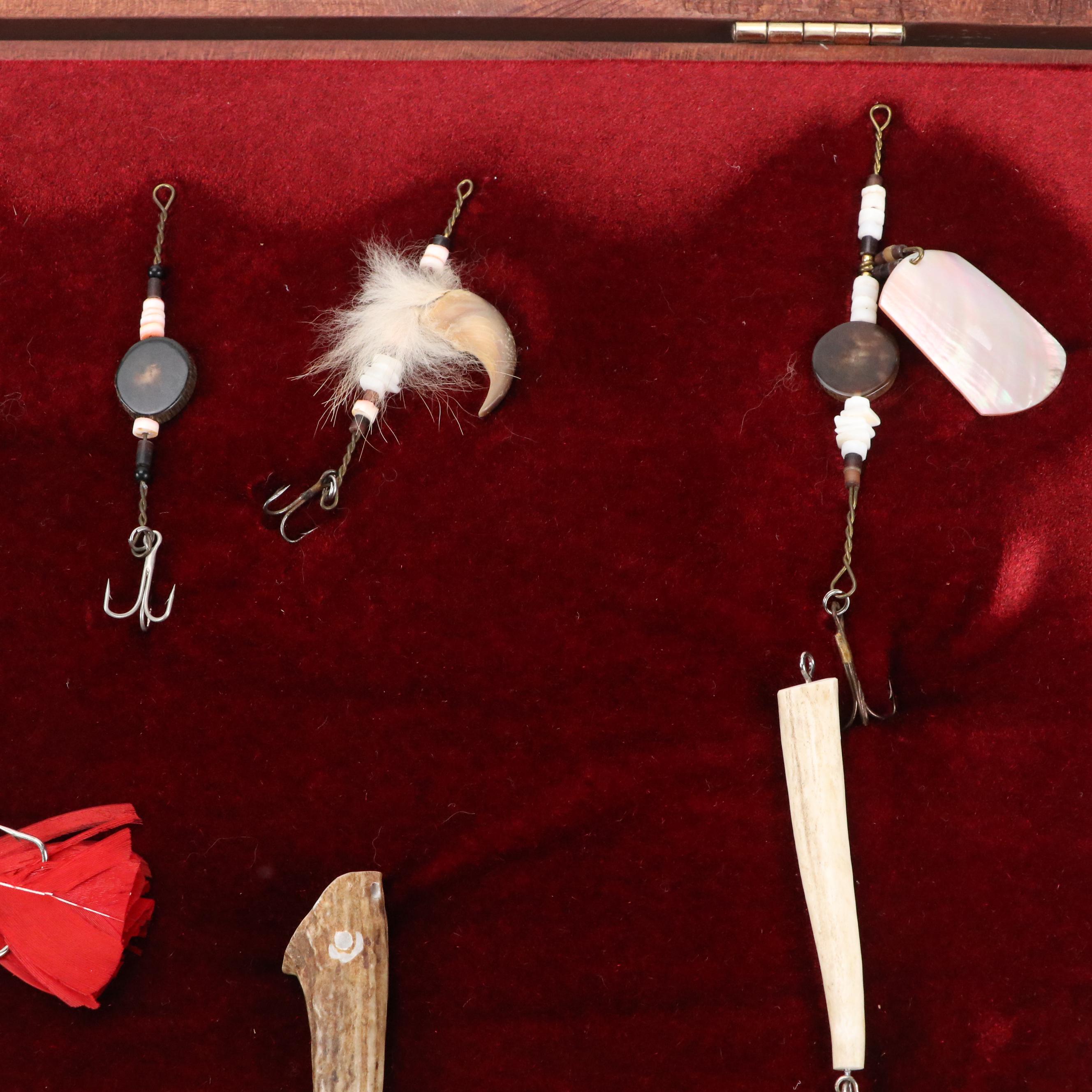 Hand-Carved Bone, Antler and Shell Fishing Lures in Display Case