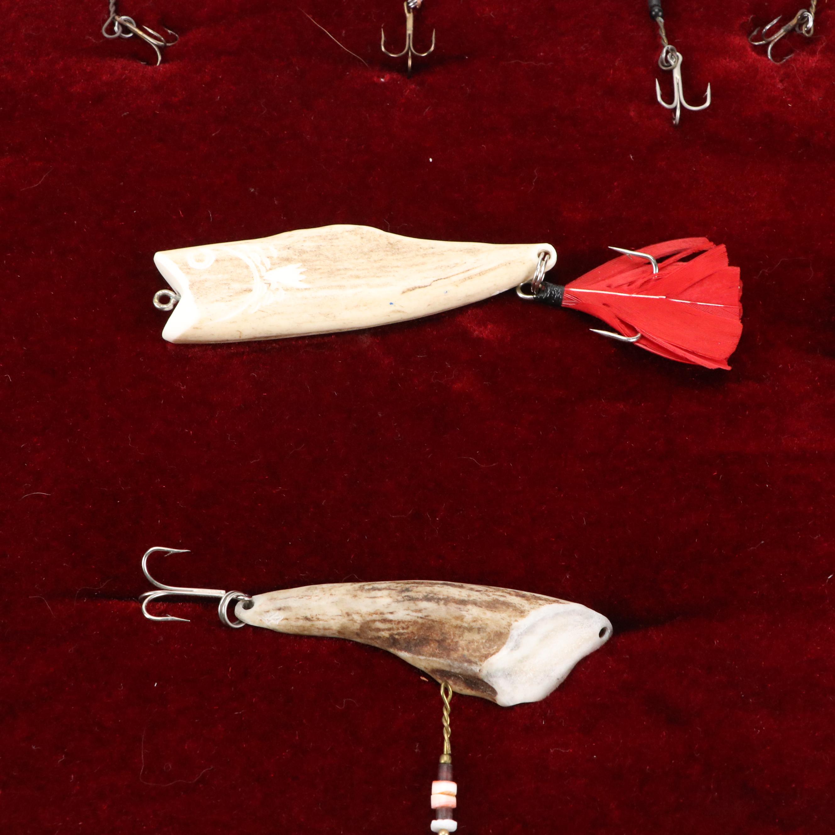 Hand-Carved Bone, Antler and Shell Fishing Lures in Display Case