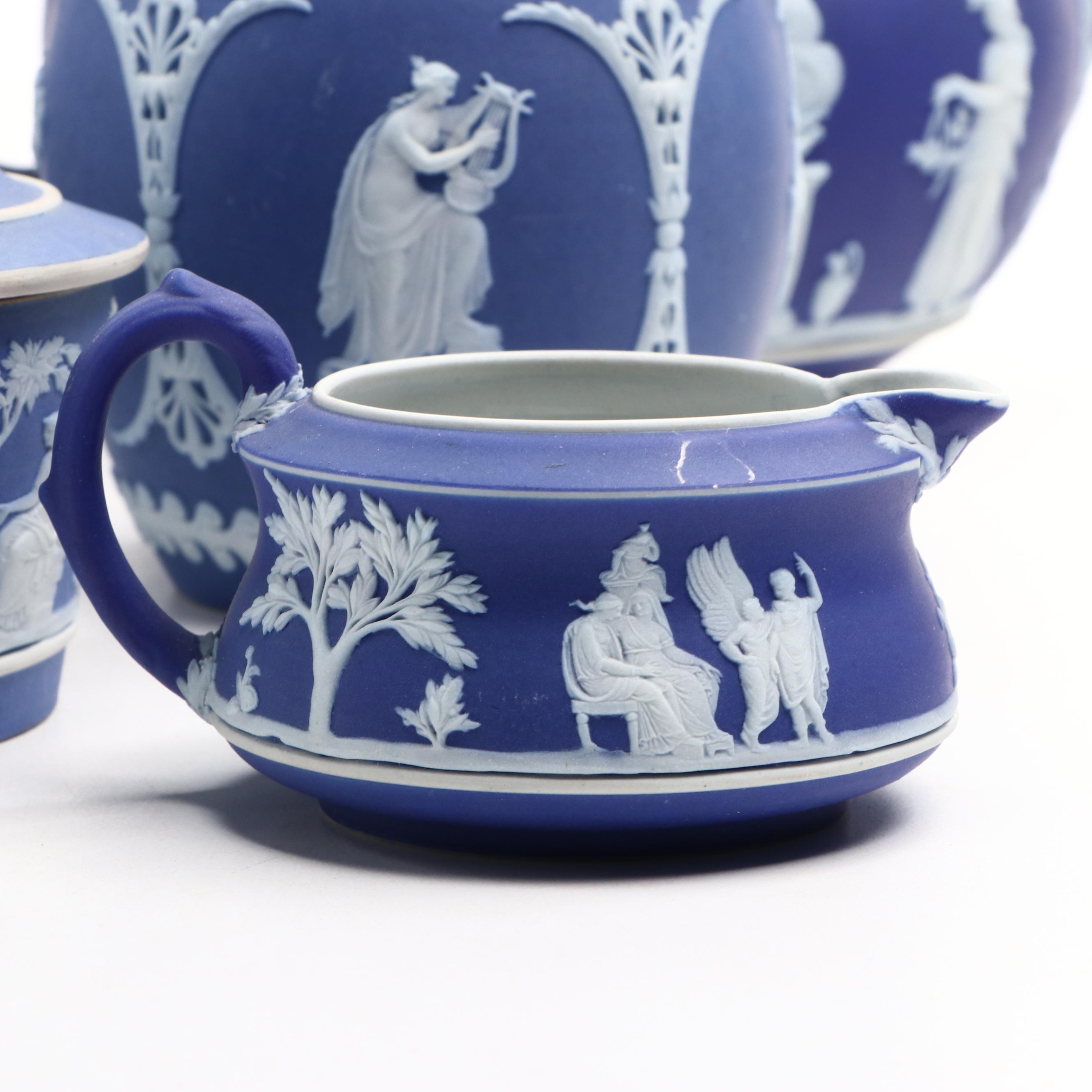 Wedgwood Jasperware Teapot with Jugs and Lidded Jar, 20th Century