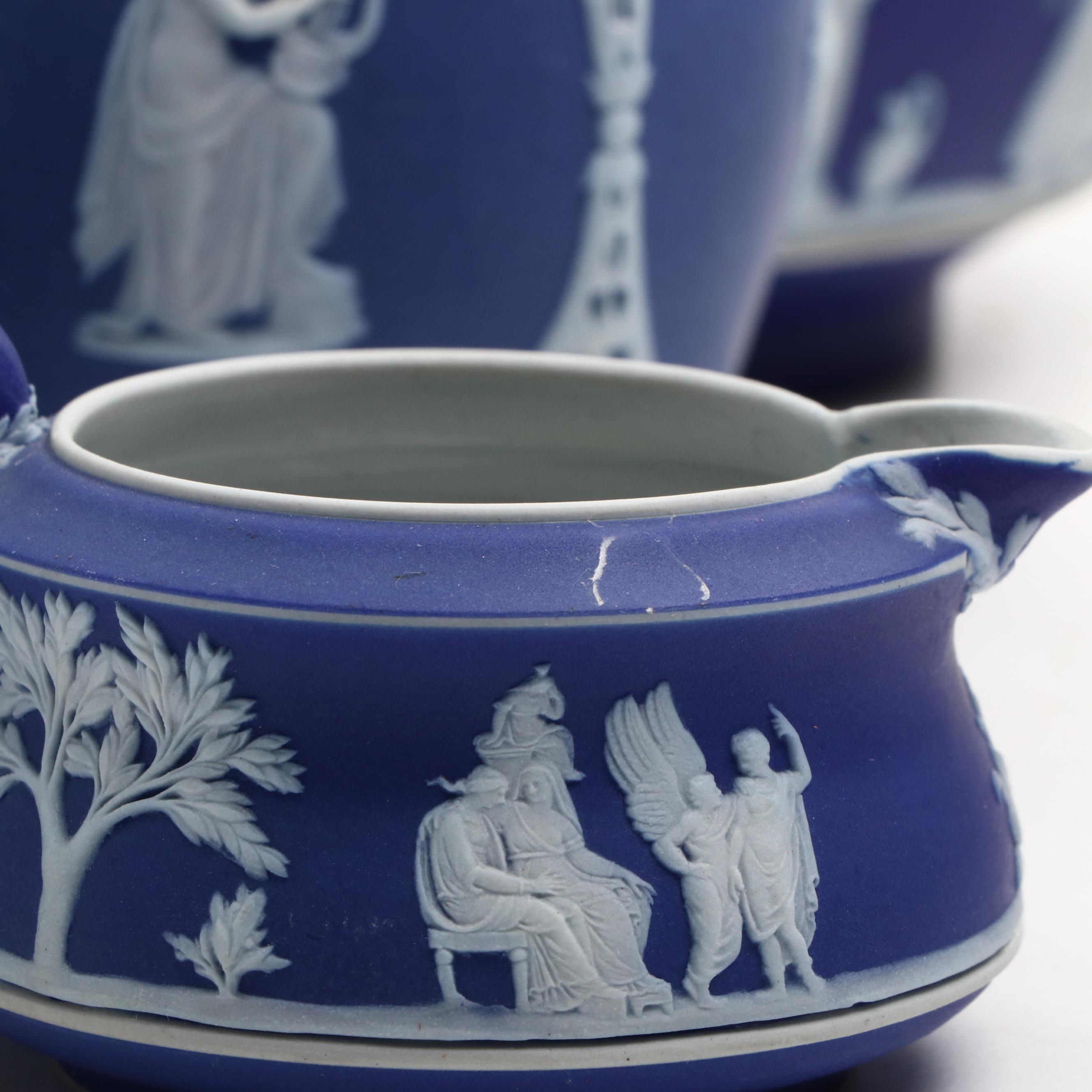 Wedgwood Jasperware Teapot with Jugs and Lidded Jar, 20th Century