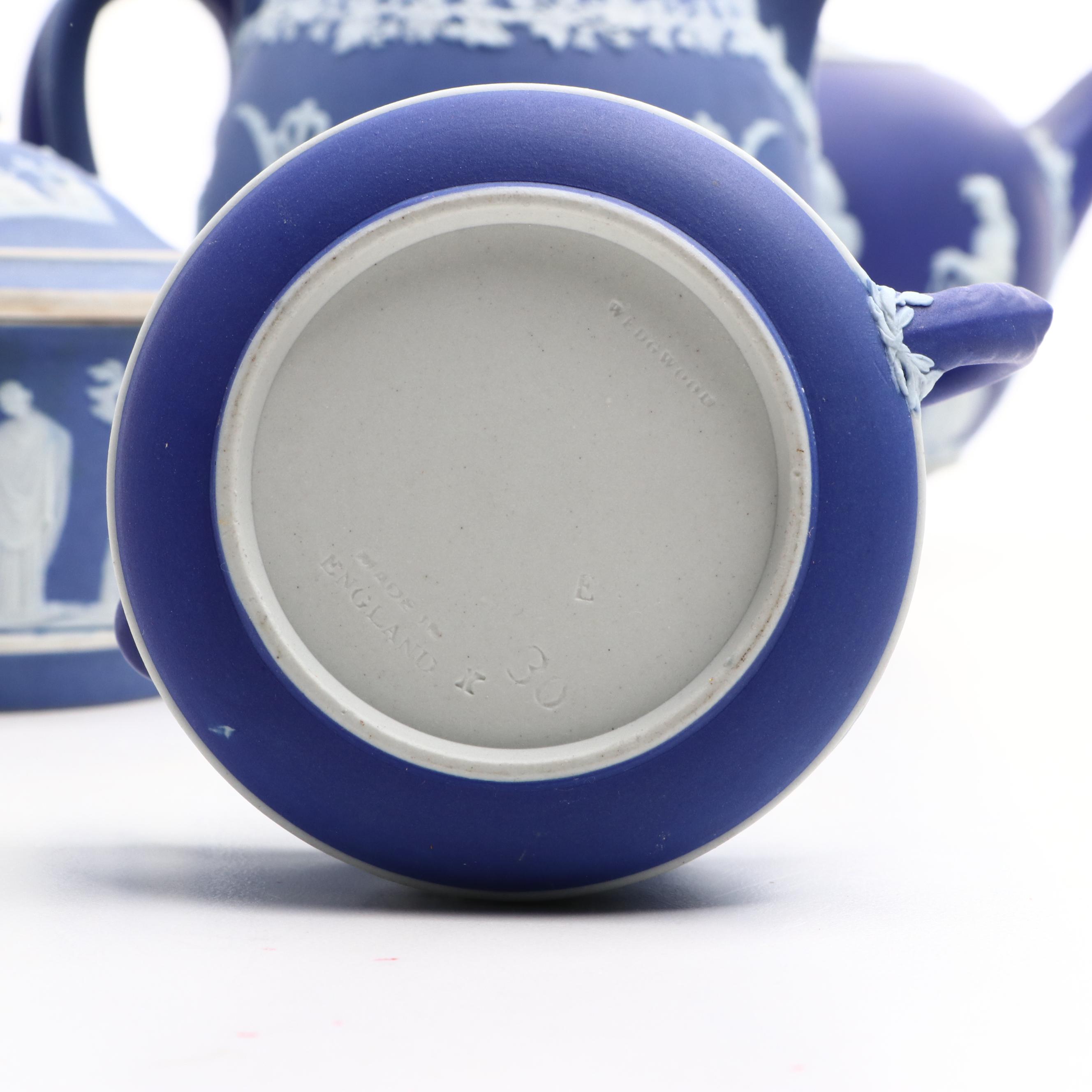 Wedgwood Jasperware Teapot with Jugs and Lidded Jar, 20th Century