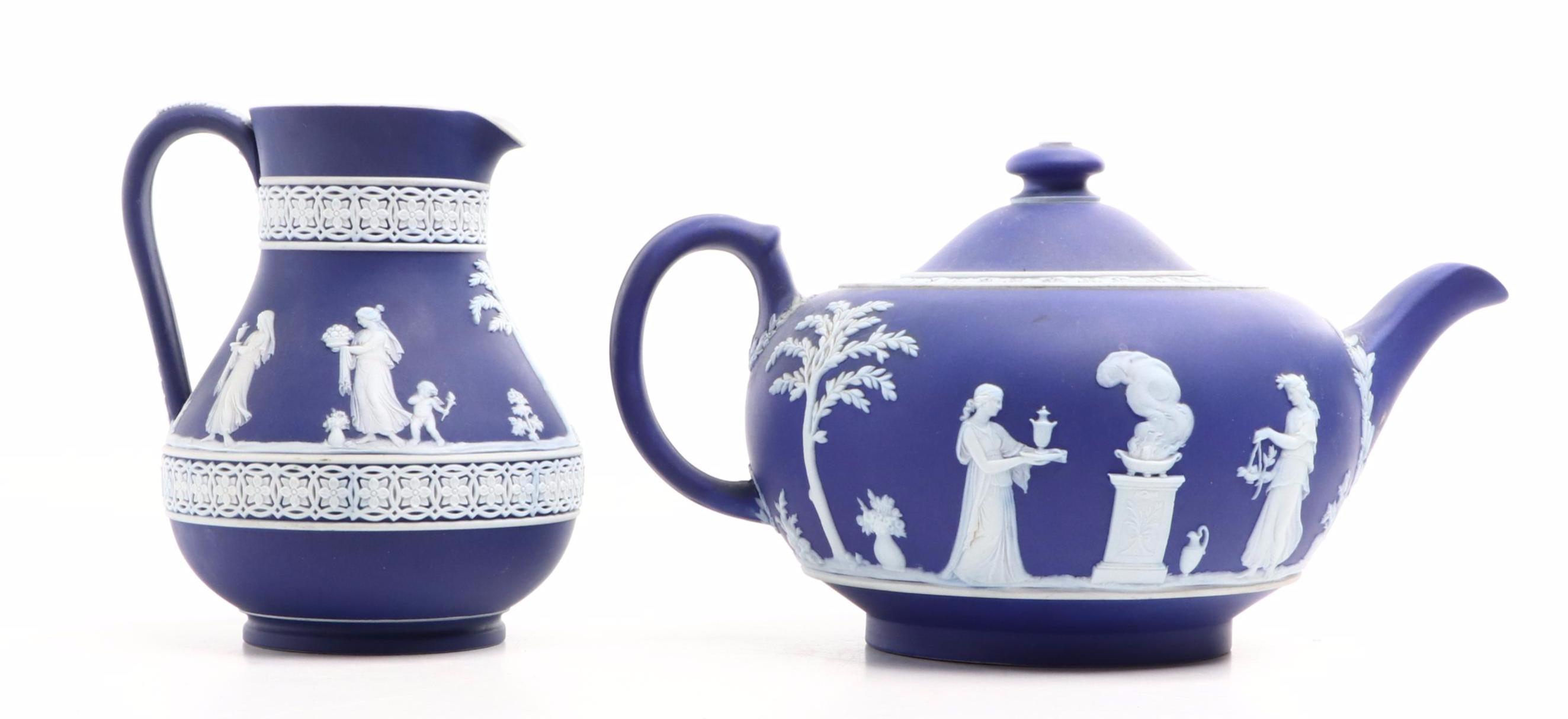 Wedgwood Jasperware Teapot with Jugs and Lidded Jar, 20th Century