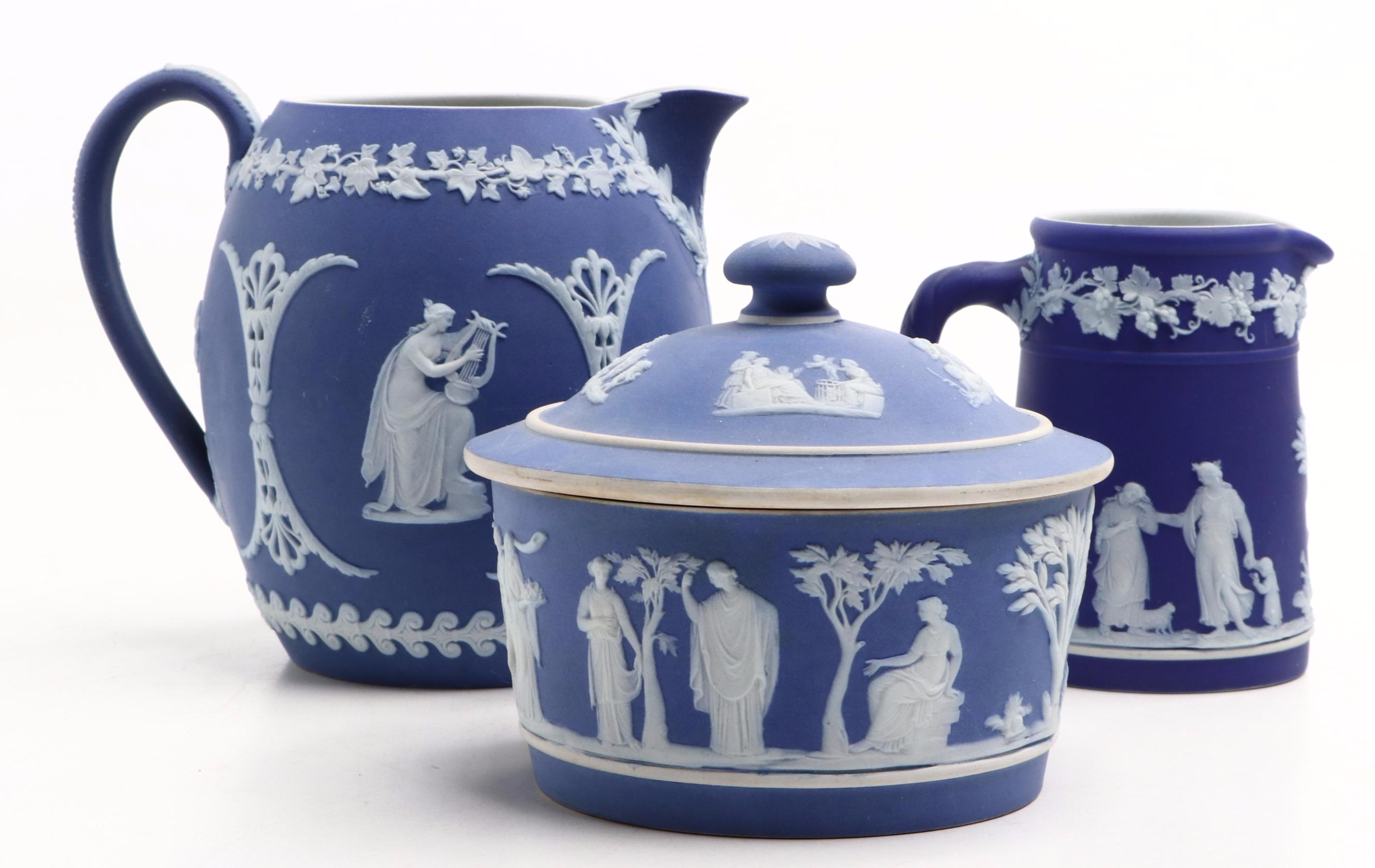 Wedgwood Jasperware Teapot with Jugs and Lidded Jar, 20th Century