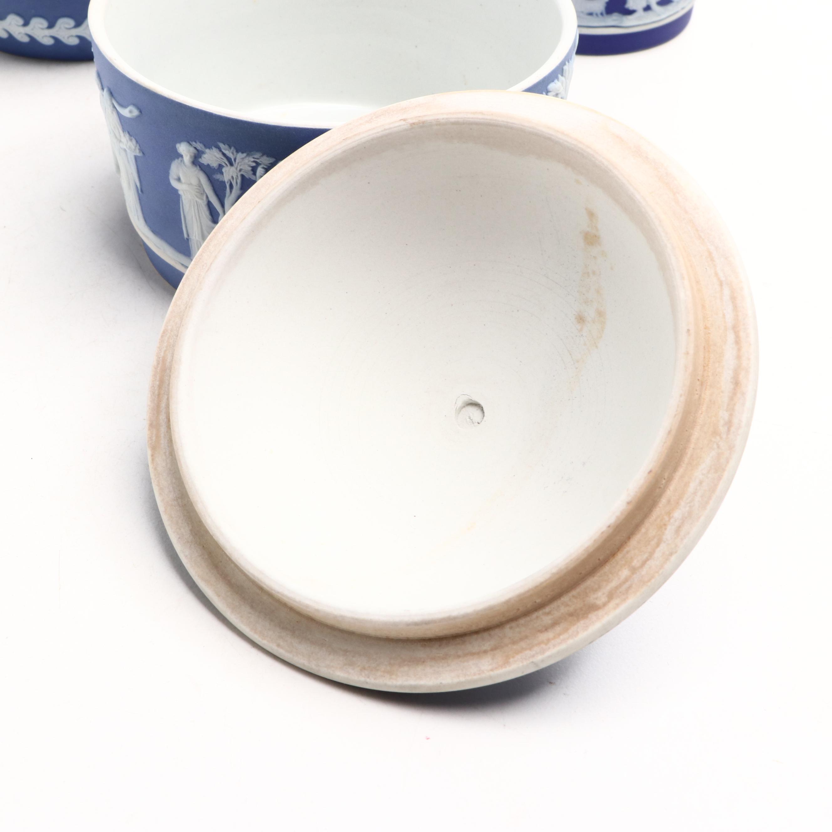 Wedgwood Jasperware Teapot with Jugs and Lidded Jar, 20th Century