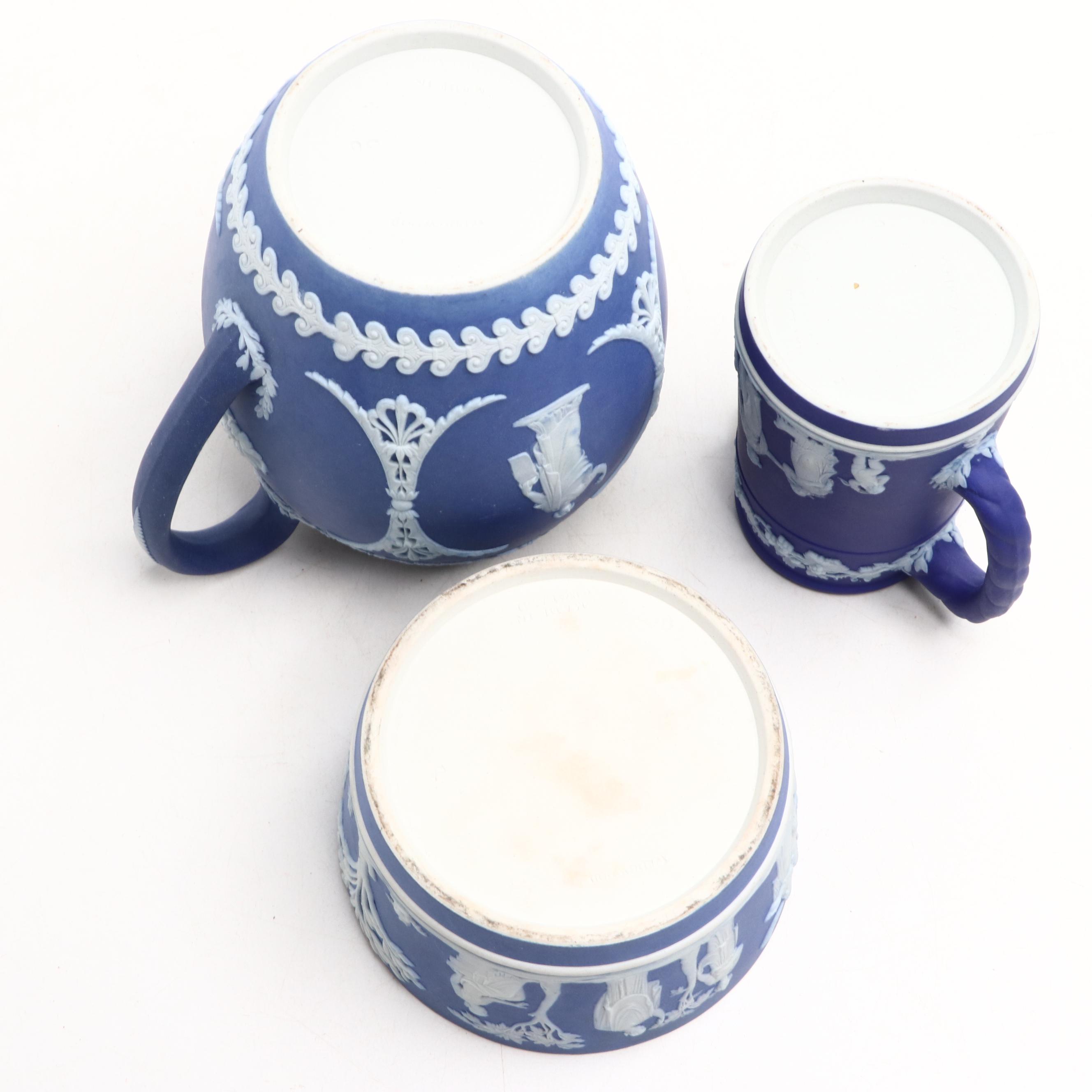 Wedgwood Jasperware Teapot with Jugs and Lidded Jar, 20th Century