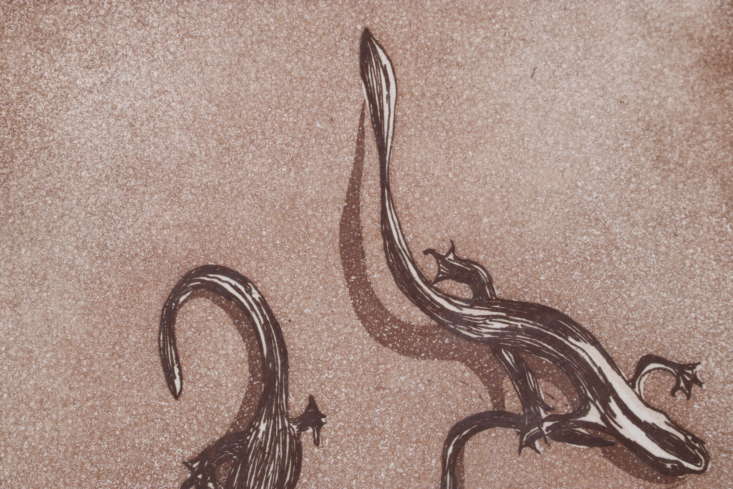 Sparrow Color Woodcut Print "Lizards," 1978