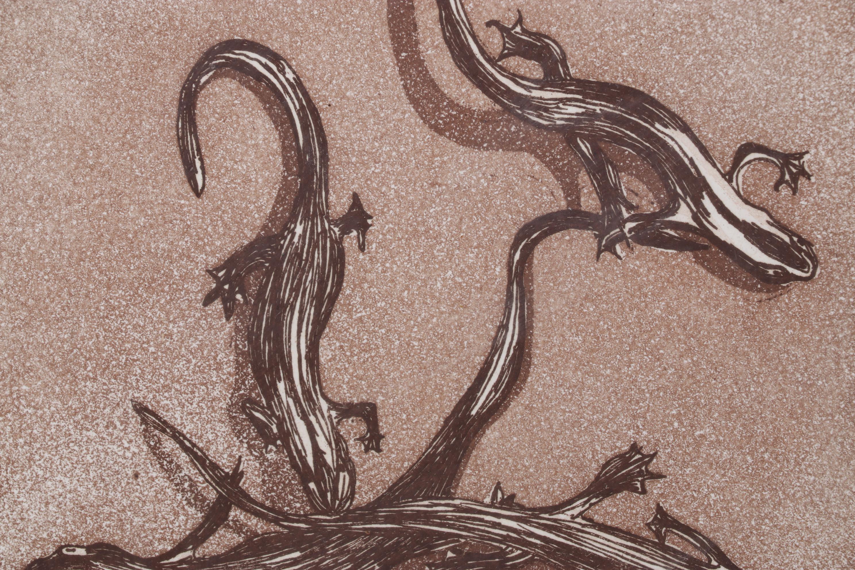 Sparrow Color Woodcut Print "Lizards," 1978