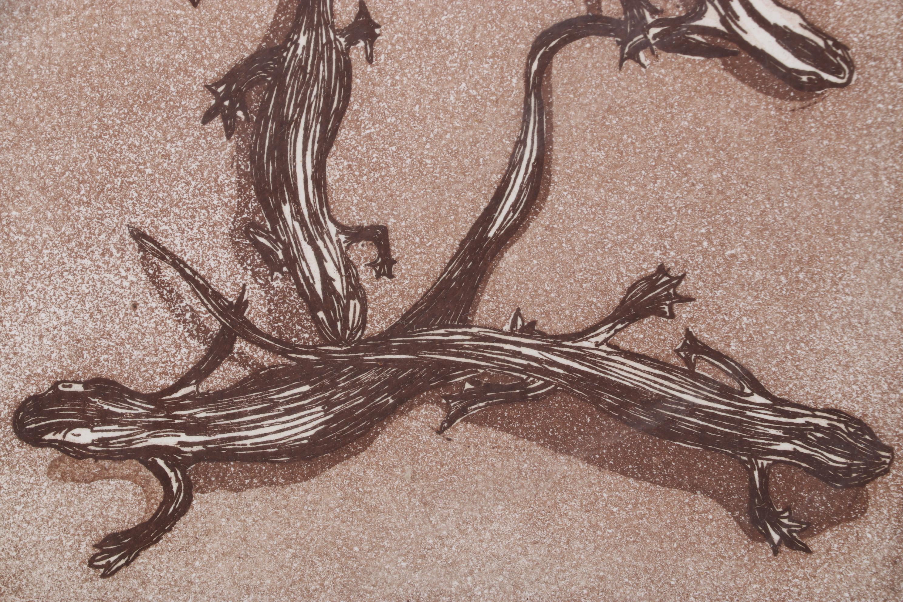 Sparrow Color Woodcut Print "Lizards," 1978