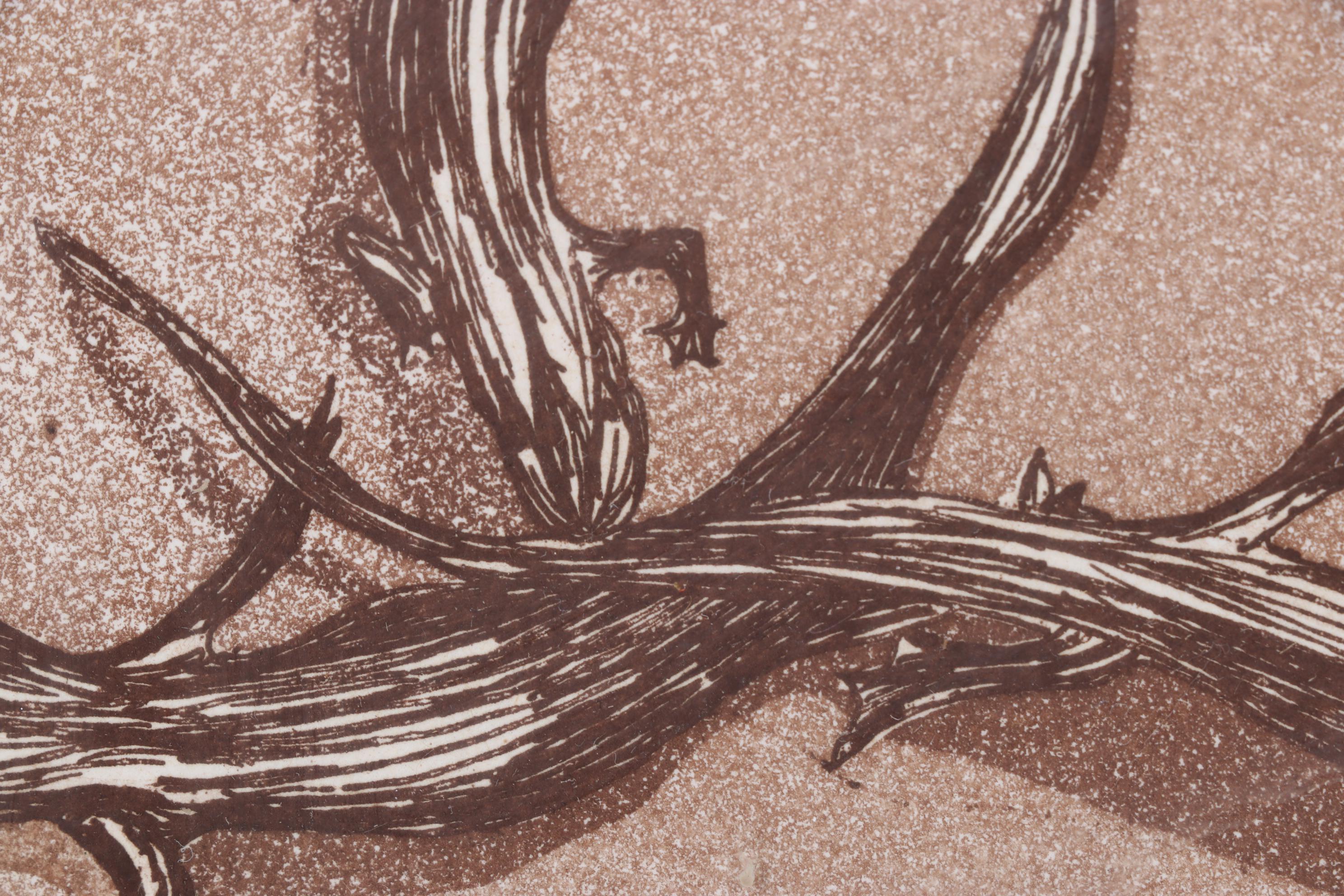 Sparrow Color Woodcut Print "Lizards," 1978