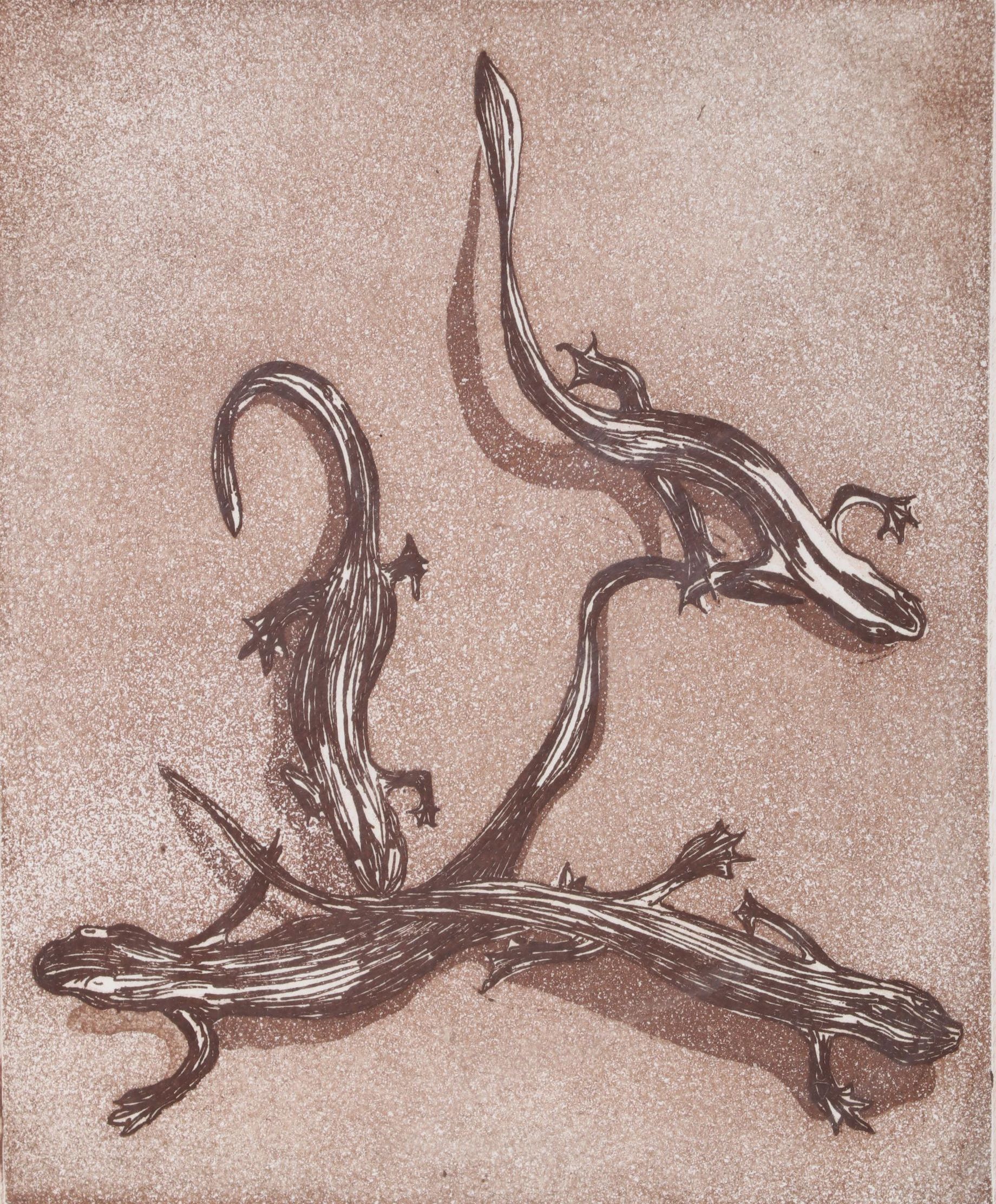 Sparrow Color Woodcut Print "Lizards," 1978