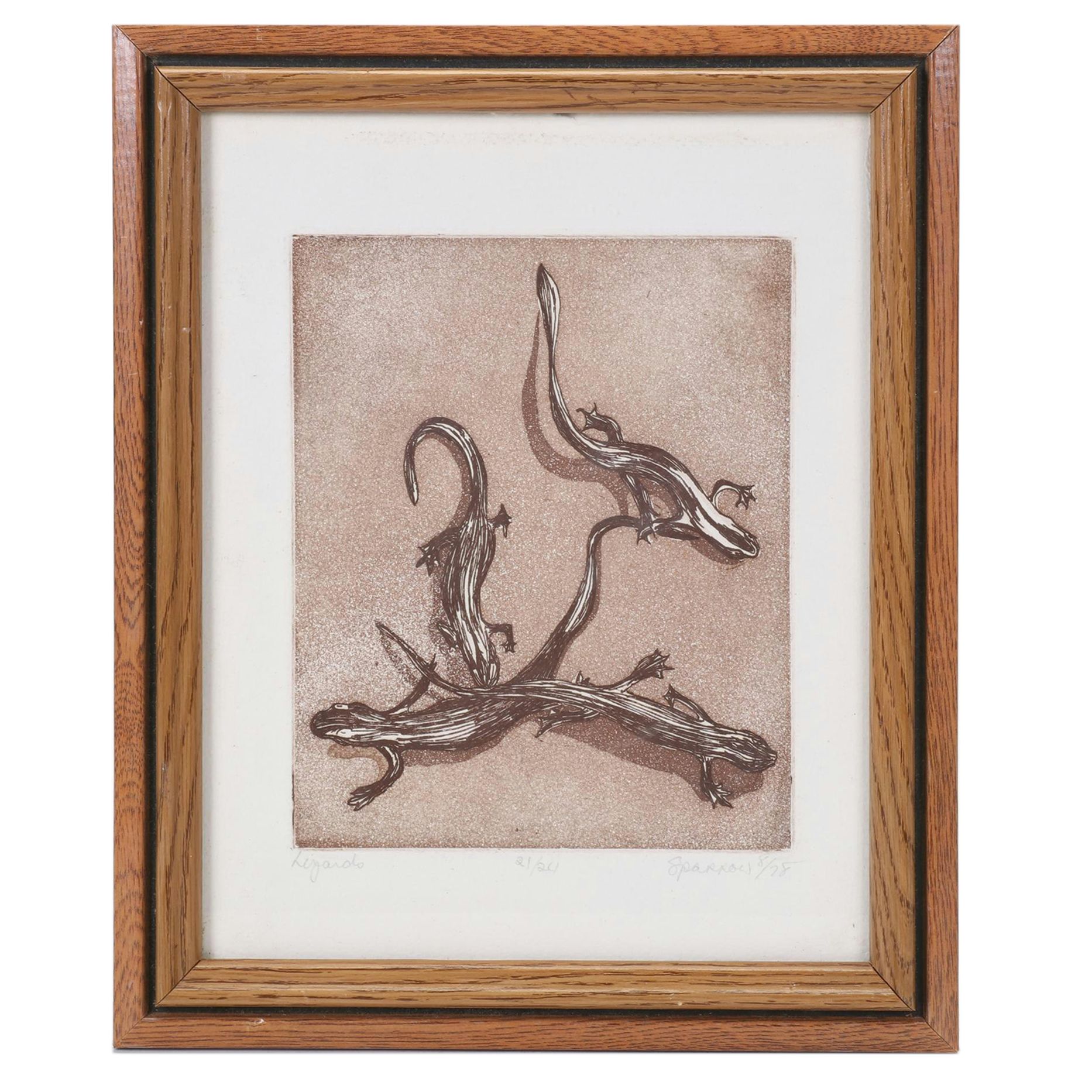 Sparrow Color Woodcut Print "Lizards," 1978
