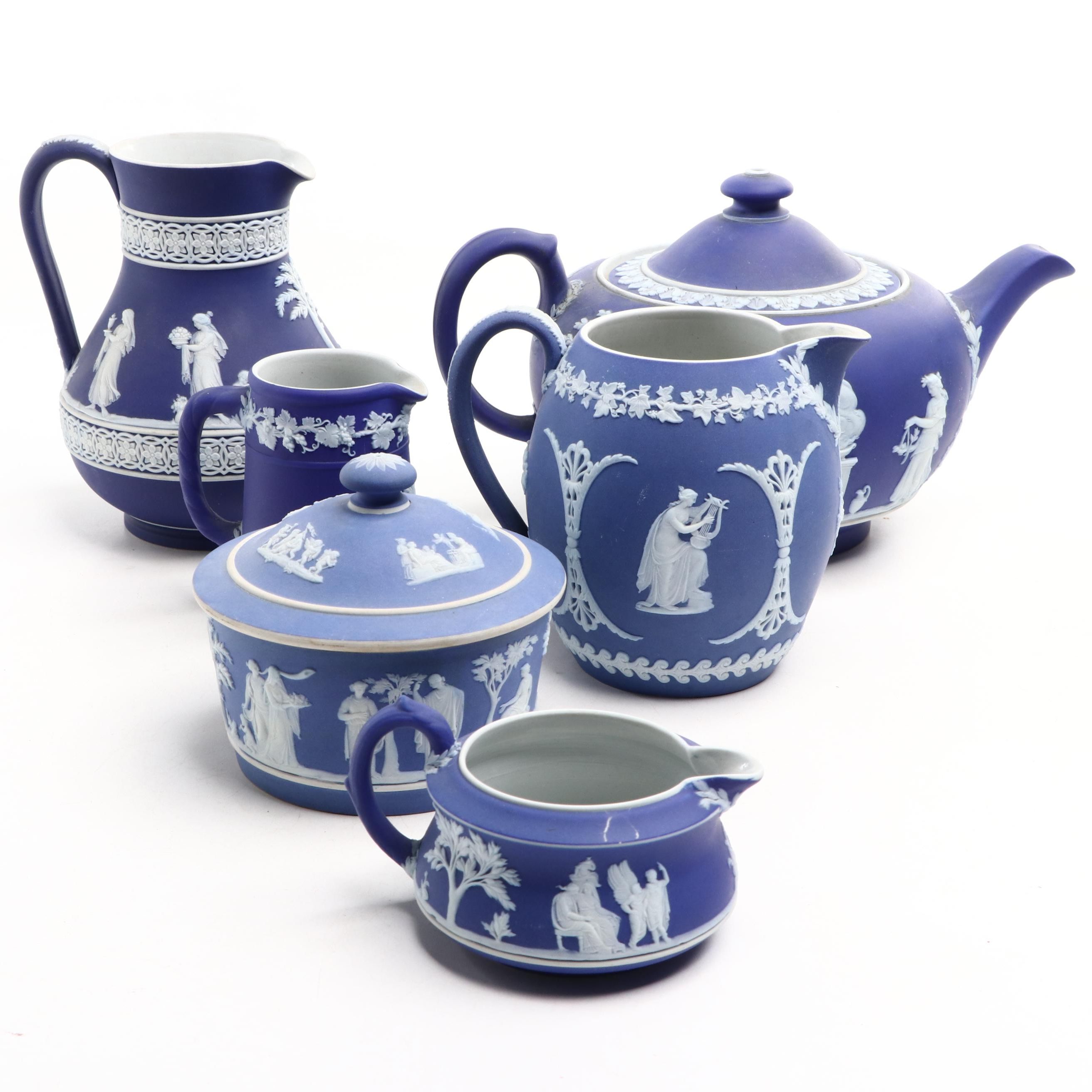 Wedgwood Jasperware Teapot with Jugs and Lidded Jar, 20th Century