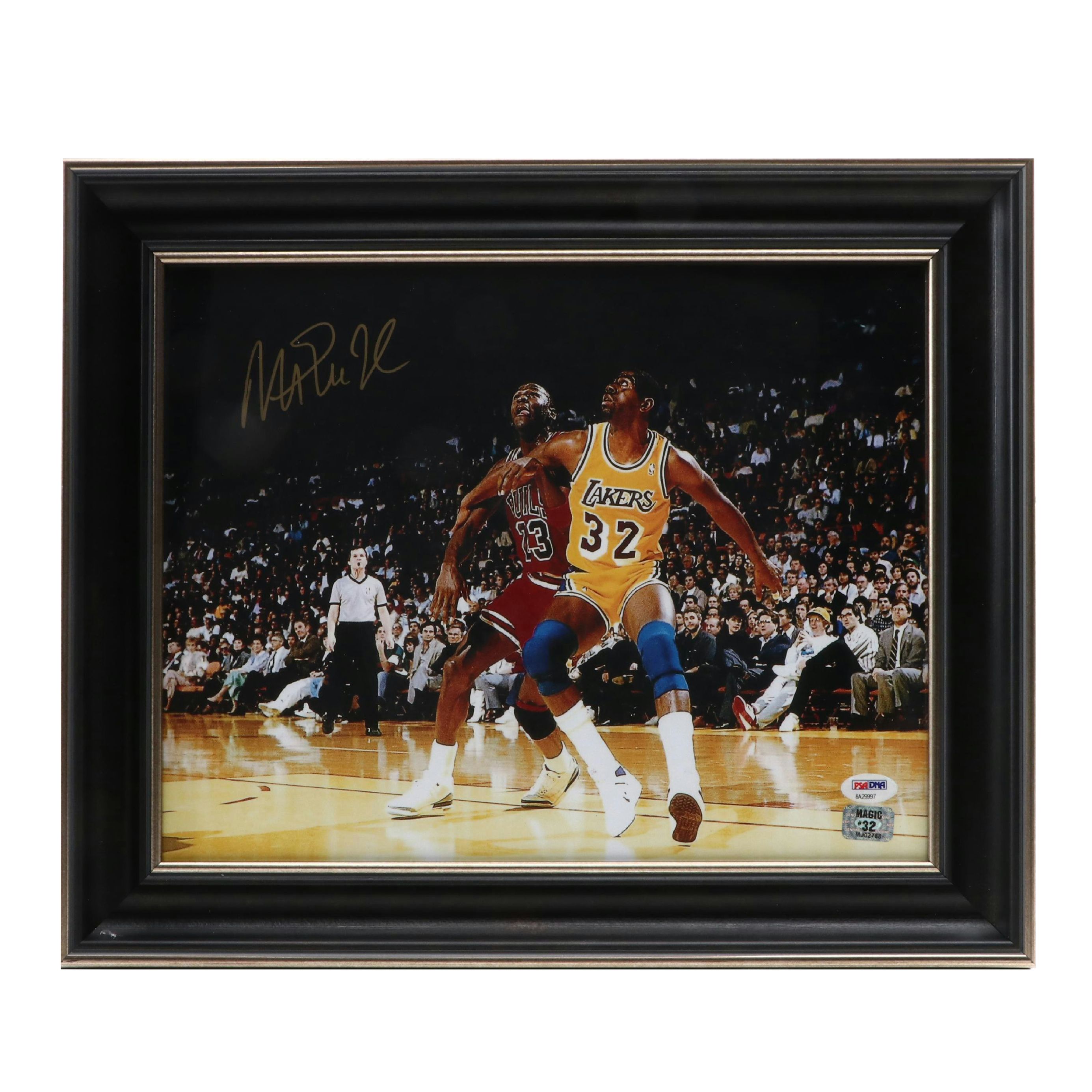 Magic Johnson Signed Los Angeles Lakers Print Featuring Michael Jordan