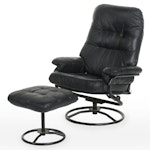 True and Assoc. Modernist Style Black Leather and Metal Lounge Chair & Ottoman