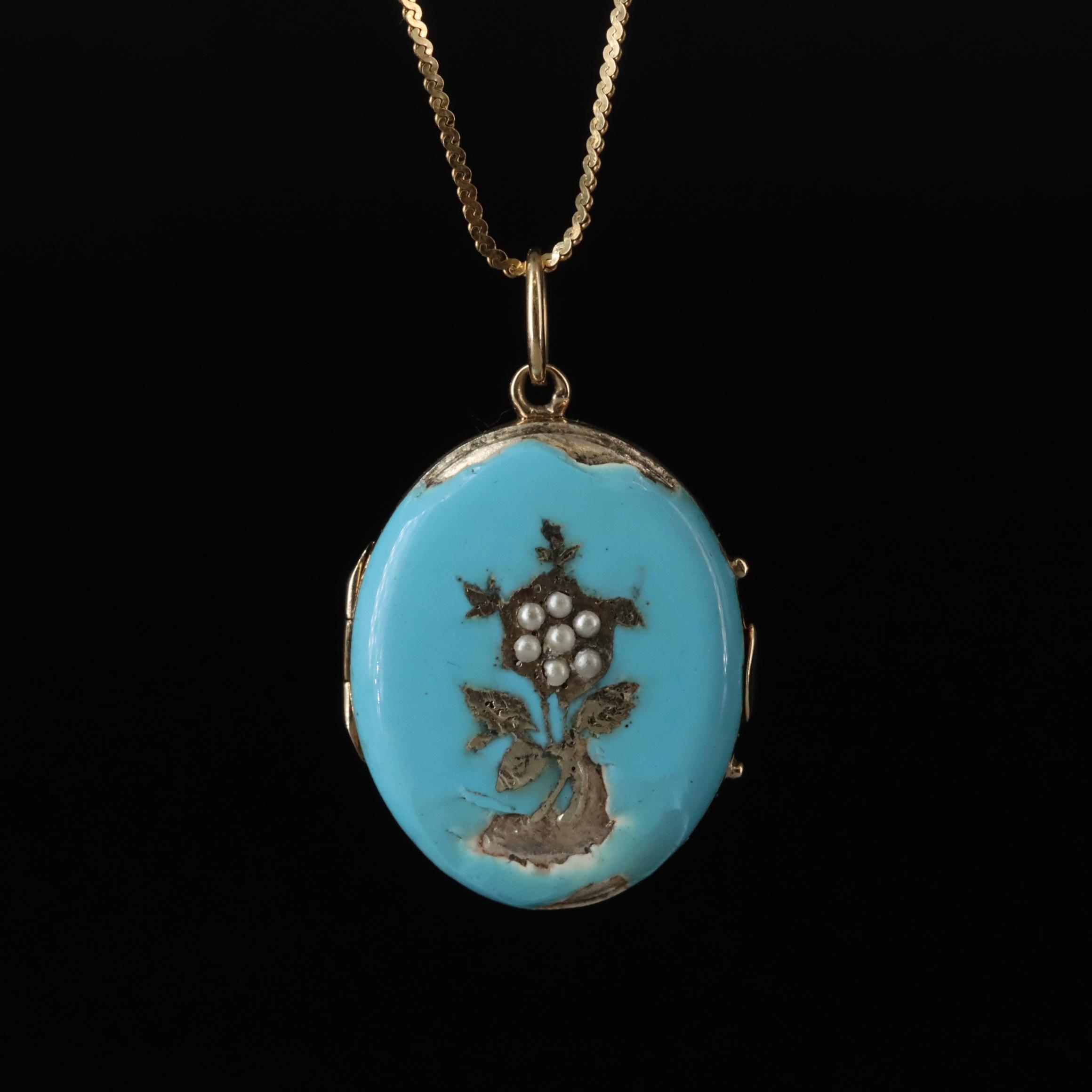Victorian 14K and Sterling Enamel and Imitation Seed Pearl Pendant Necklace