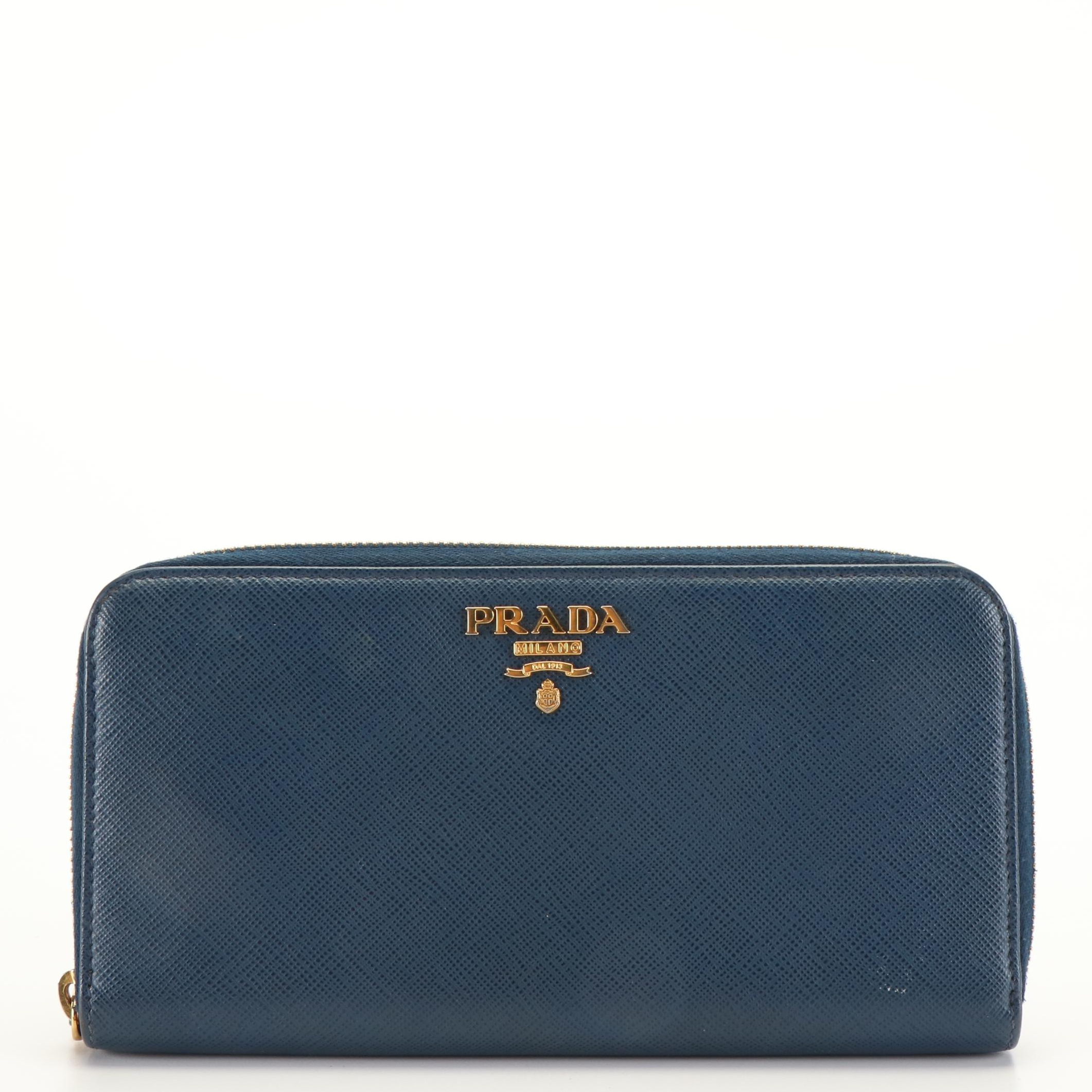 Prada Blue Saffiano Leather Zip Around Wallet