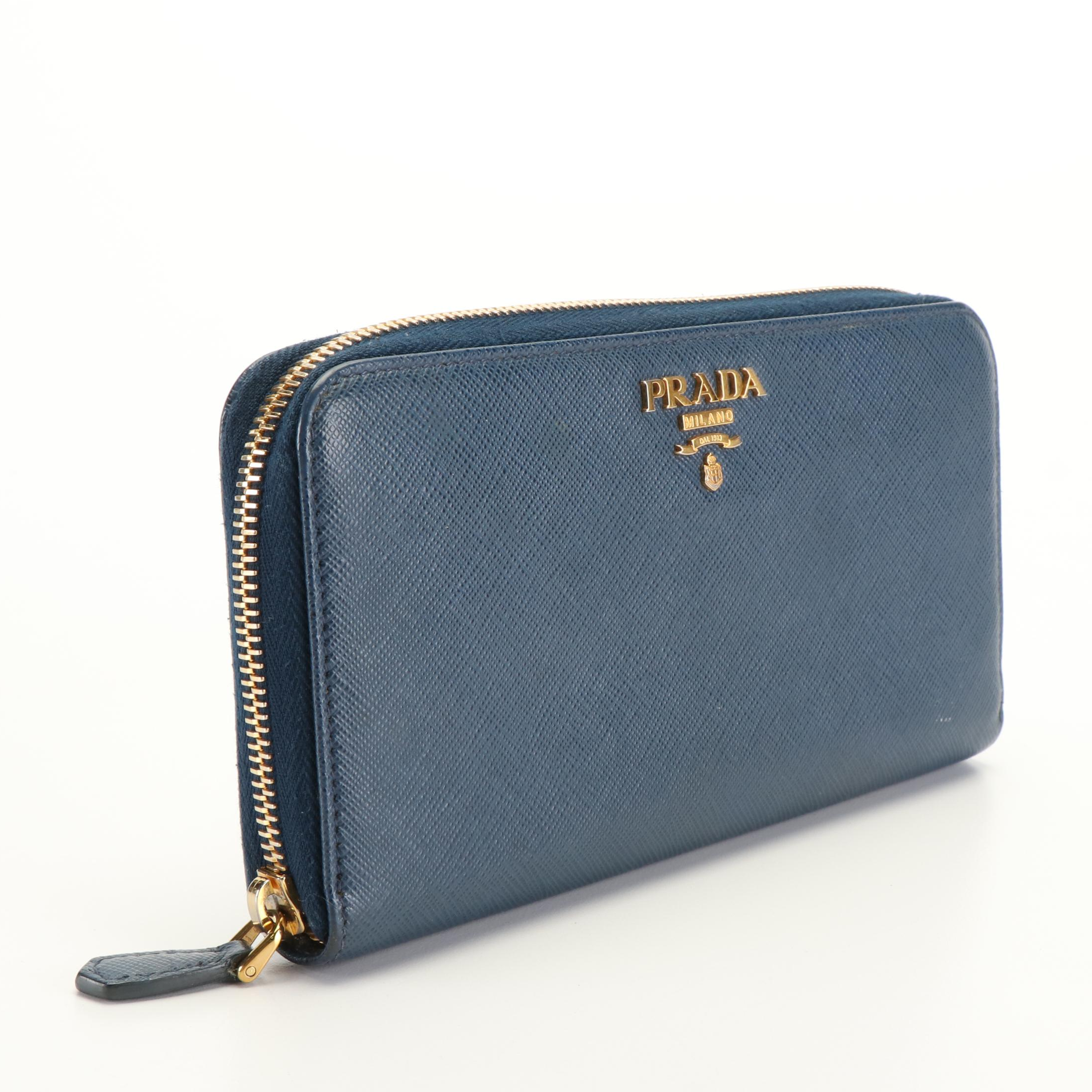 Prada Blue Saffiano Leather Zip Around Wallet