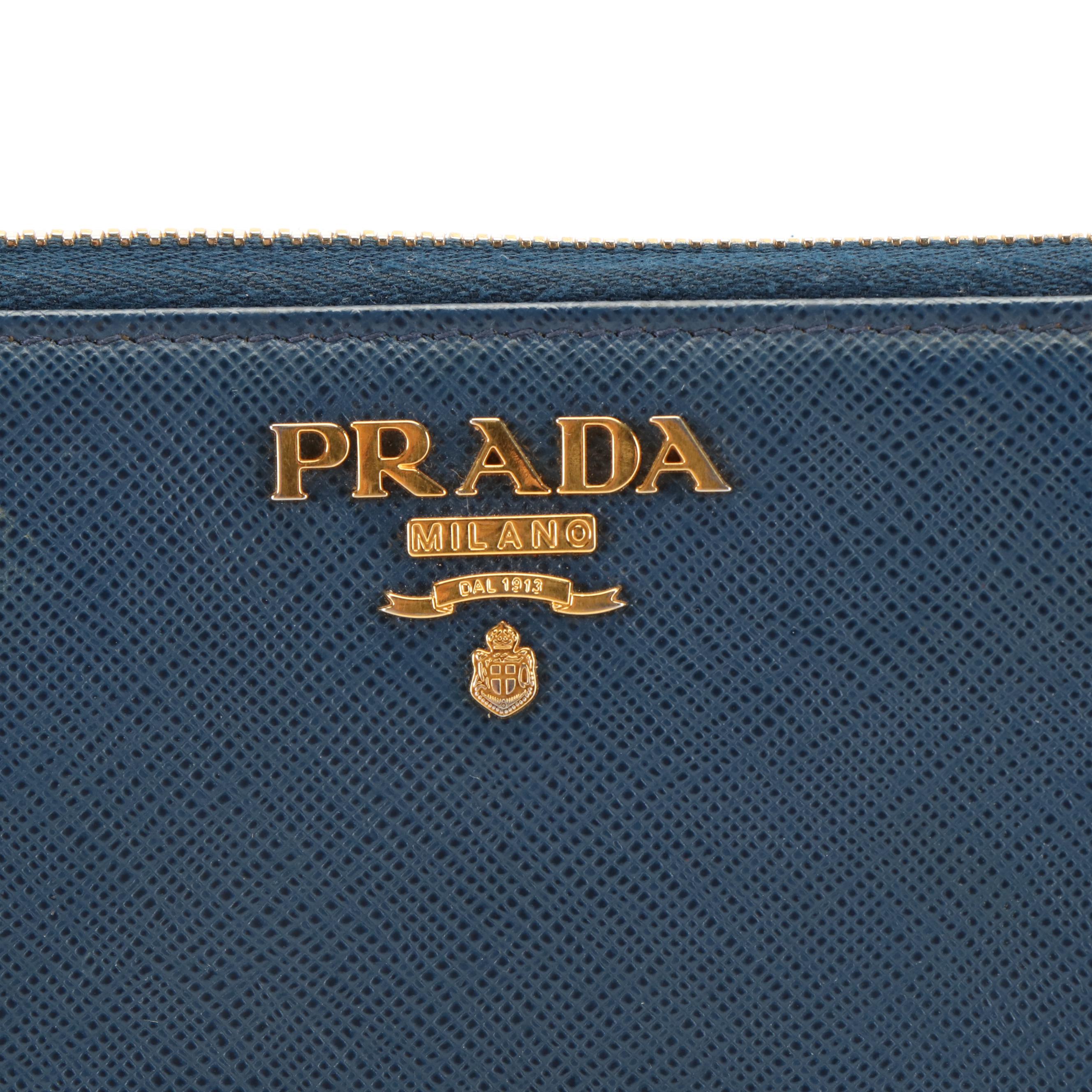 Prada Blue Saffiano Leather Zip Around Wallet