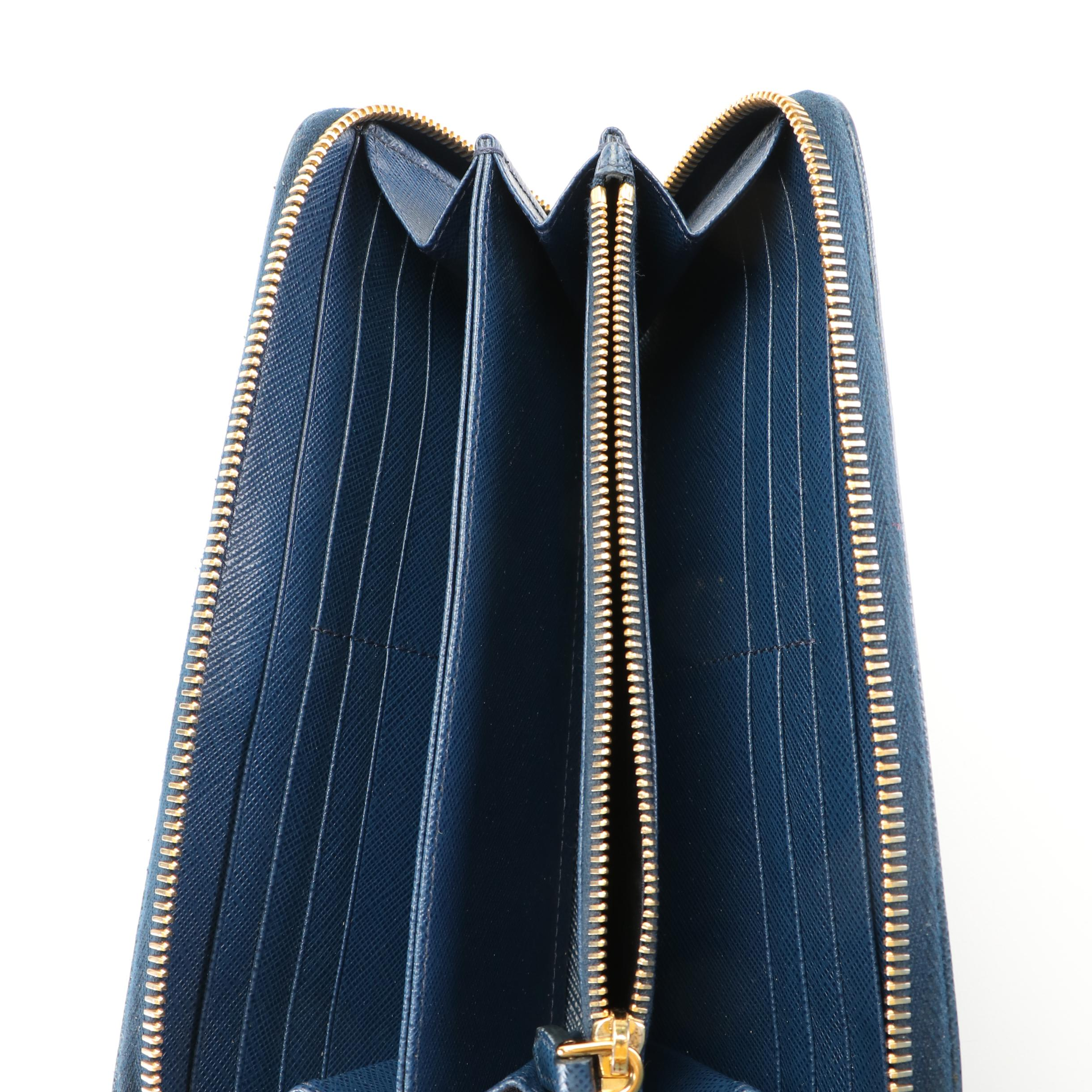 Prada Blue Saffiano Leather Zip Around Wallet