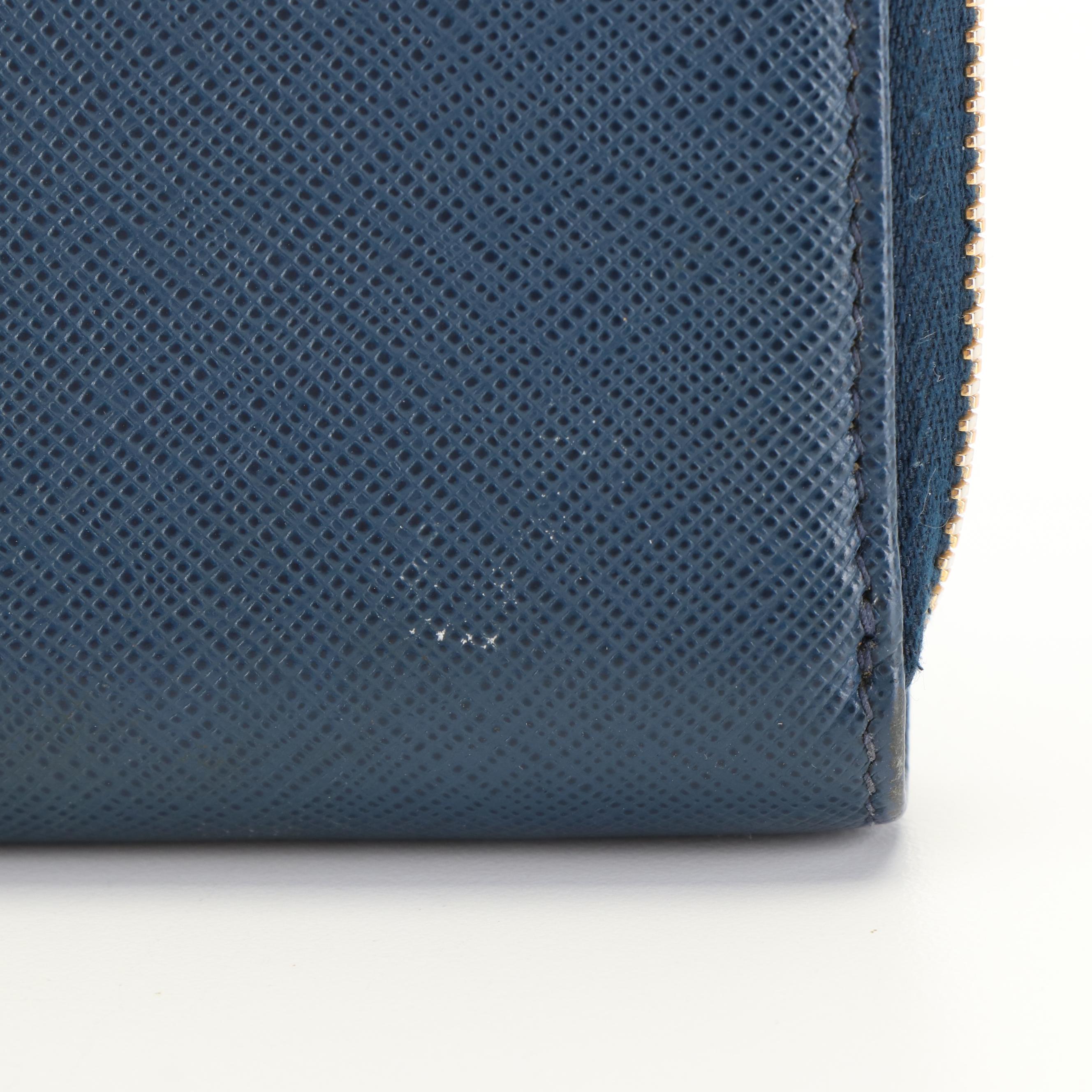 Prada Blue Saffiano Leather Zip Around Wallet