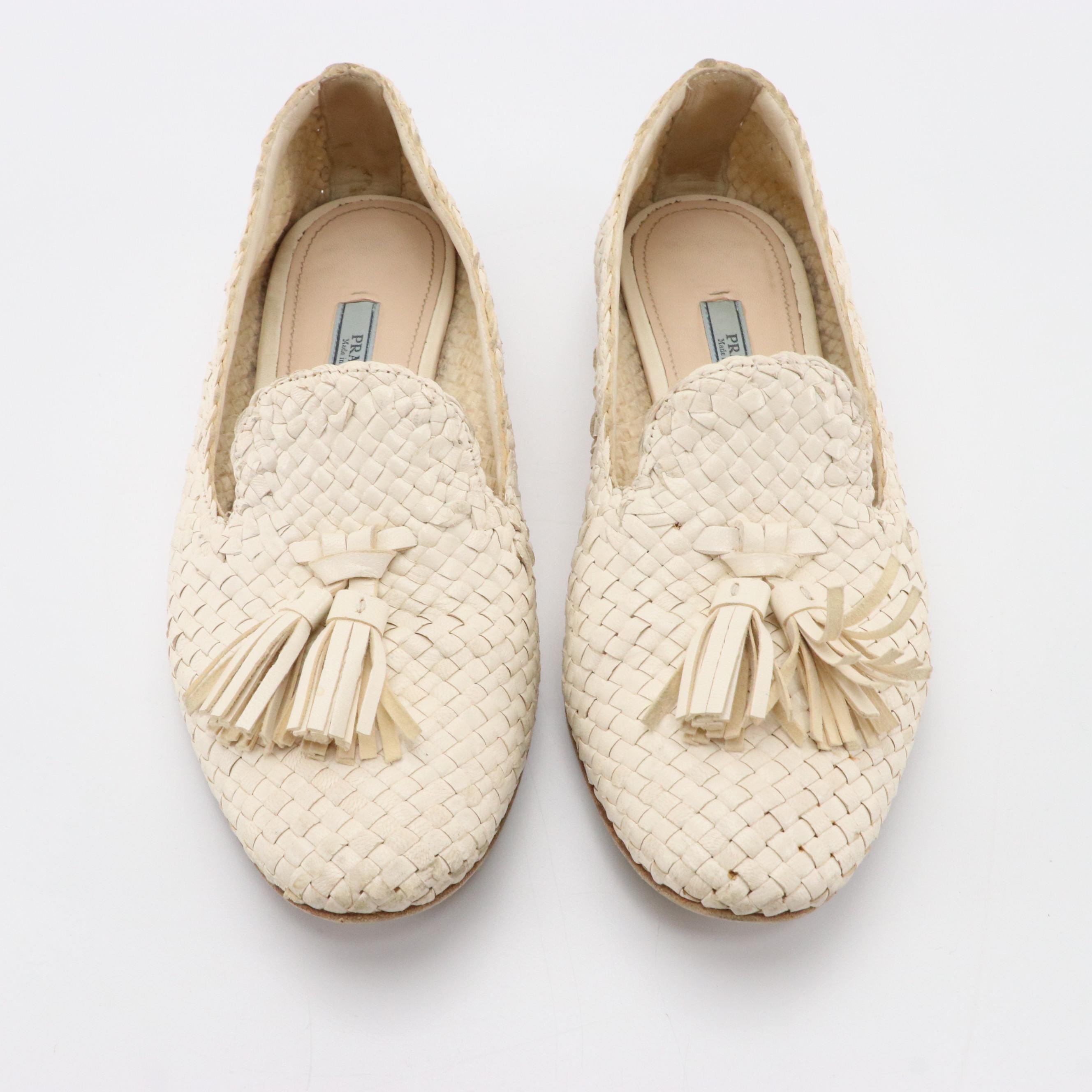 Prada White Woven Madras Tassel Loafer