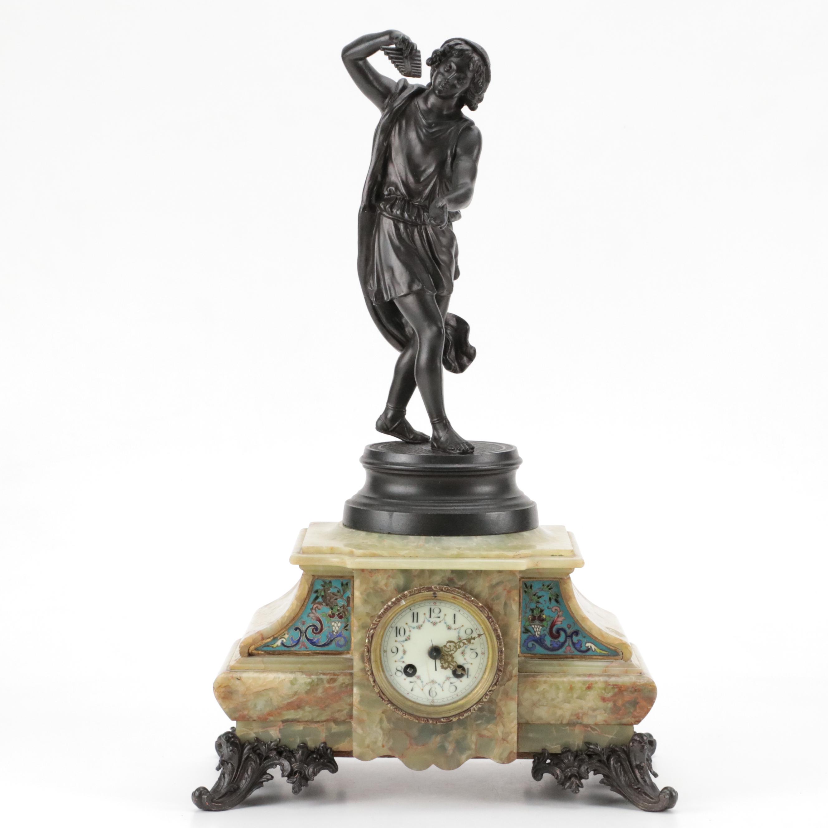 French Louis Philippe Style Champleve Enamel and Onyx Mantel Clock