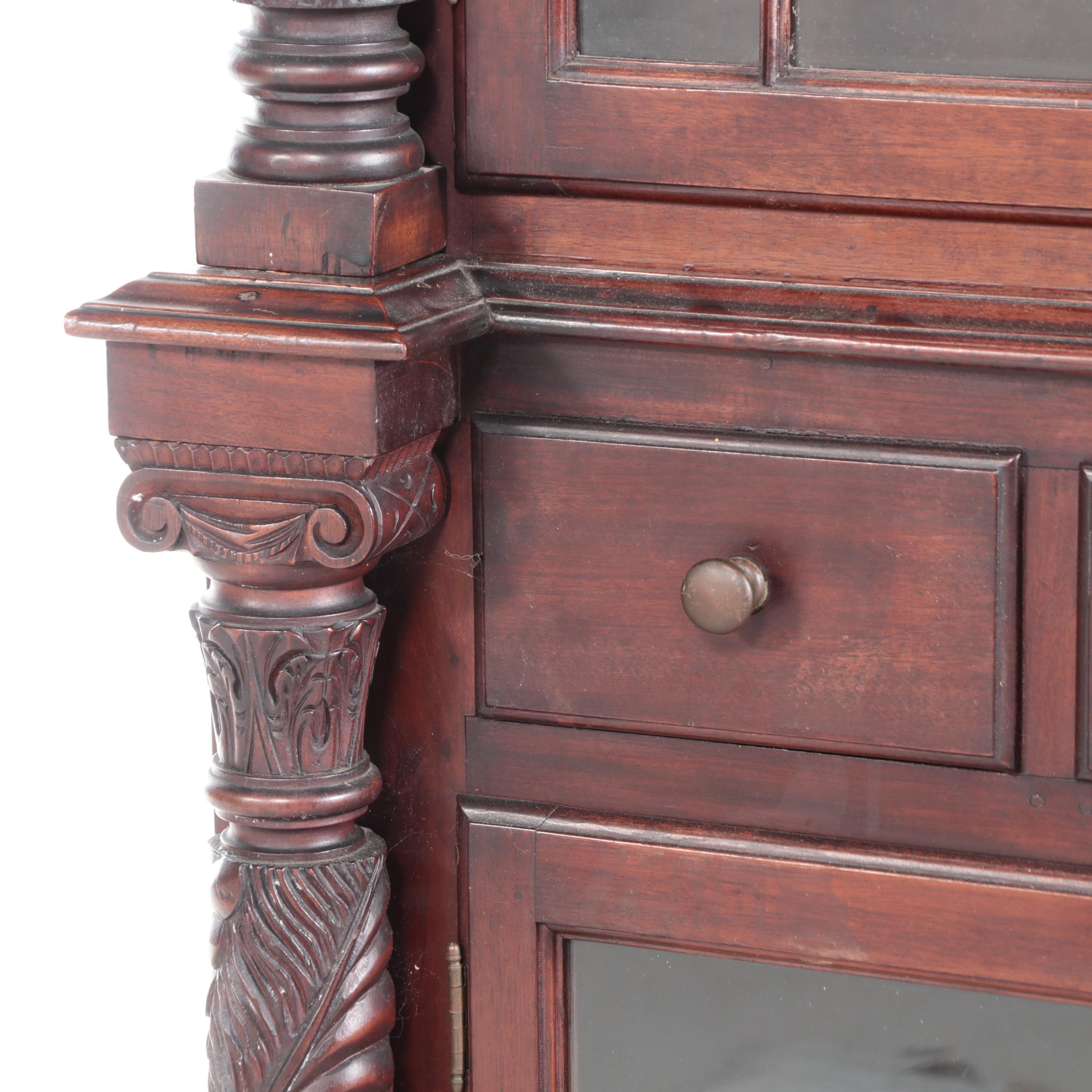 American Empire Mahogany Paw Foot Glass Front Corner Cabinet, Mid-Late 19th C.