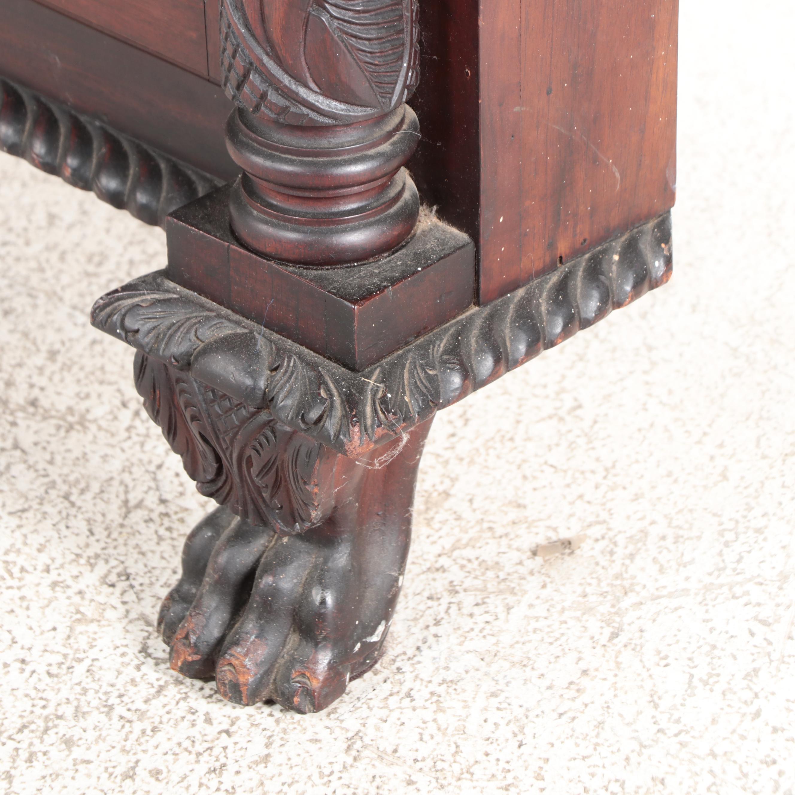 American Empire Mahogany Paw Foot Glass Front Corner Cabinet, Mid-Late 19th C.