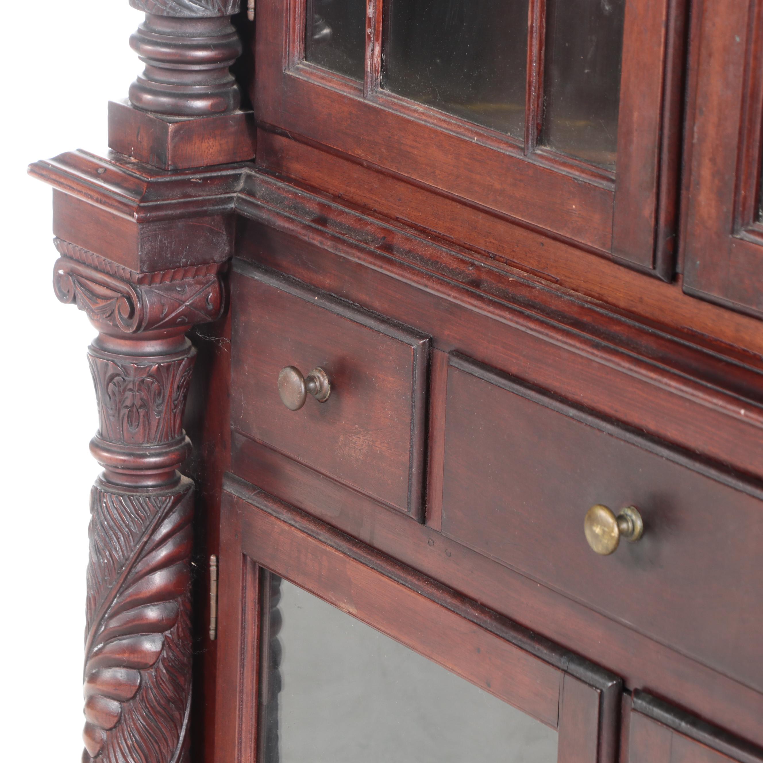 American Empire Mahogany Paw Foot Glass Front Corner Cabinet, Mid-Late 19th C.