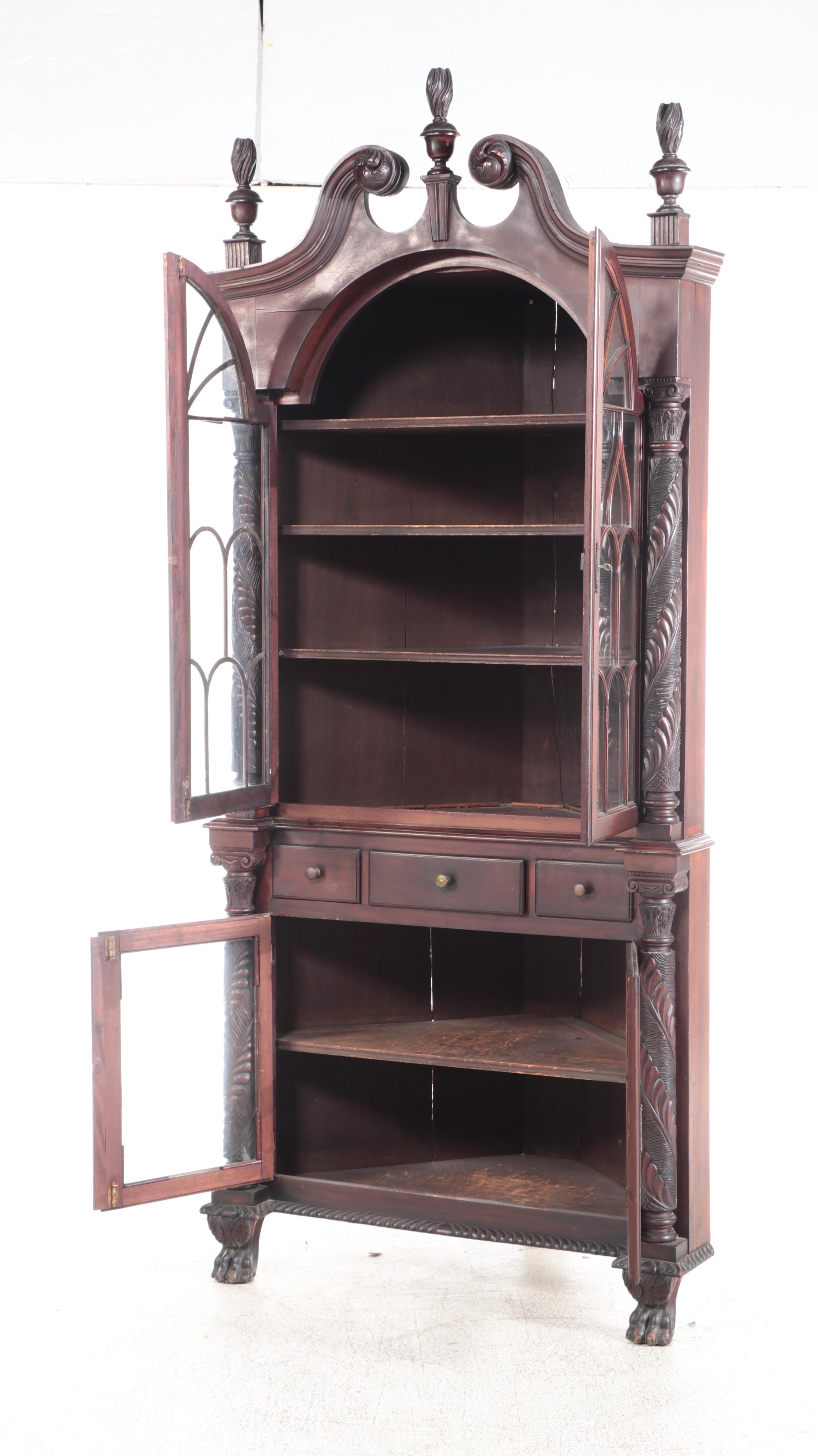 American Empire Mahogany Paw Foot Glass Front Corner Cabinet, Mid-Late 19th C.