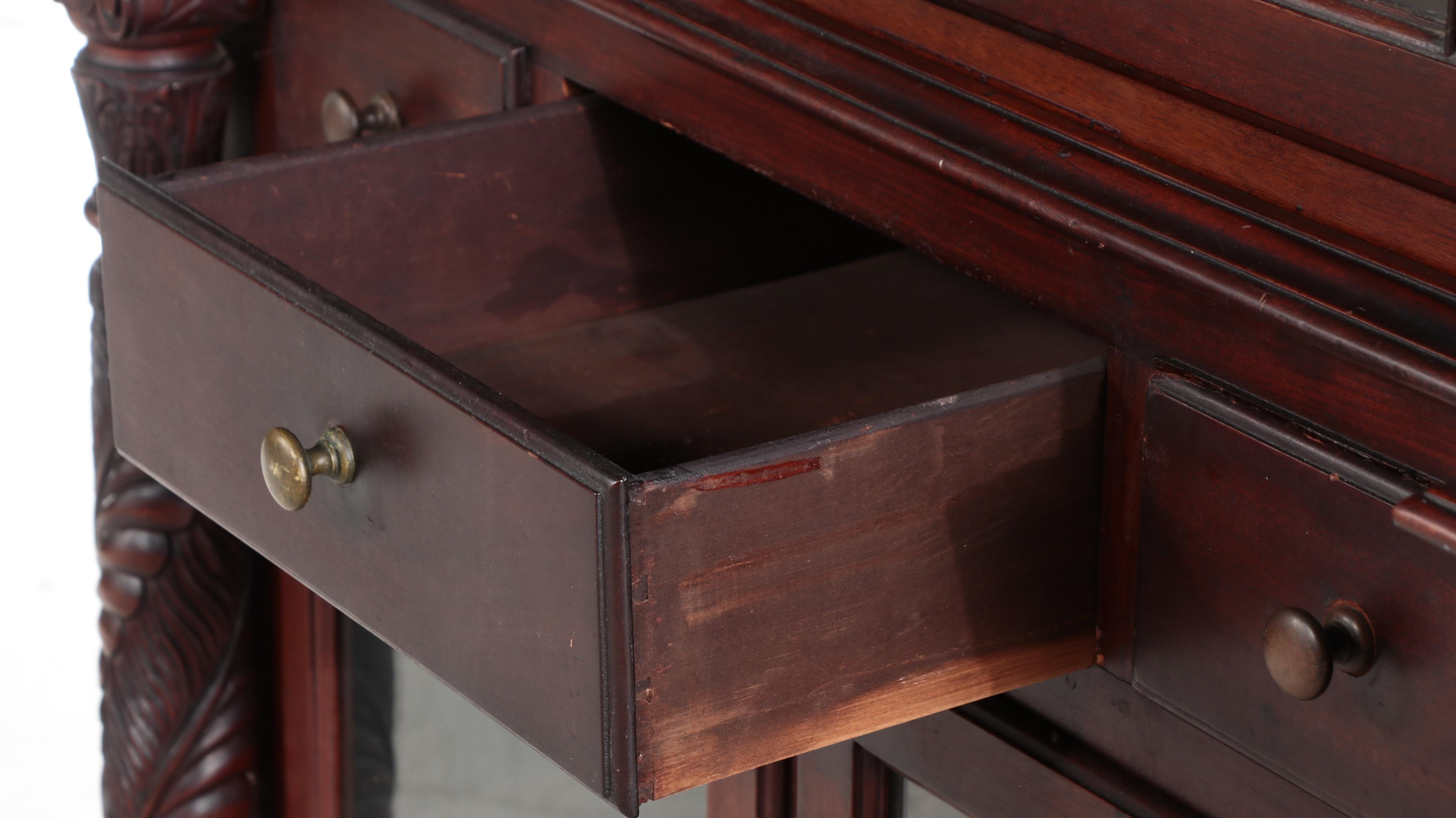 American Empire Mahogany Paw Foot Glass Front Corner Cabinet, Mid-Late 19th C.