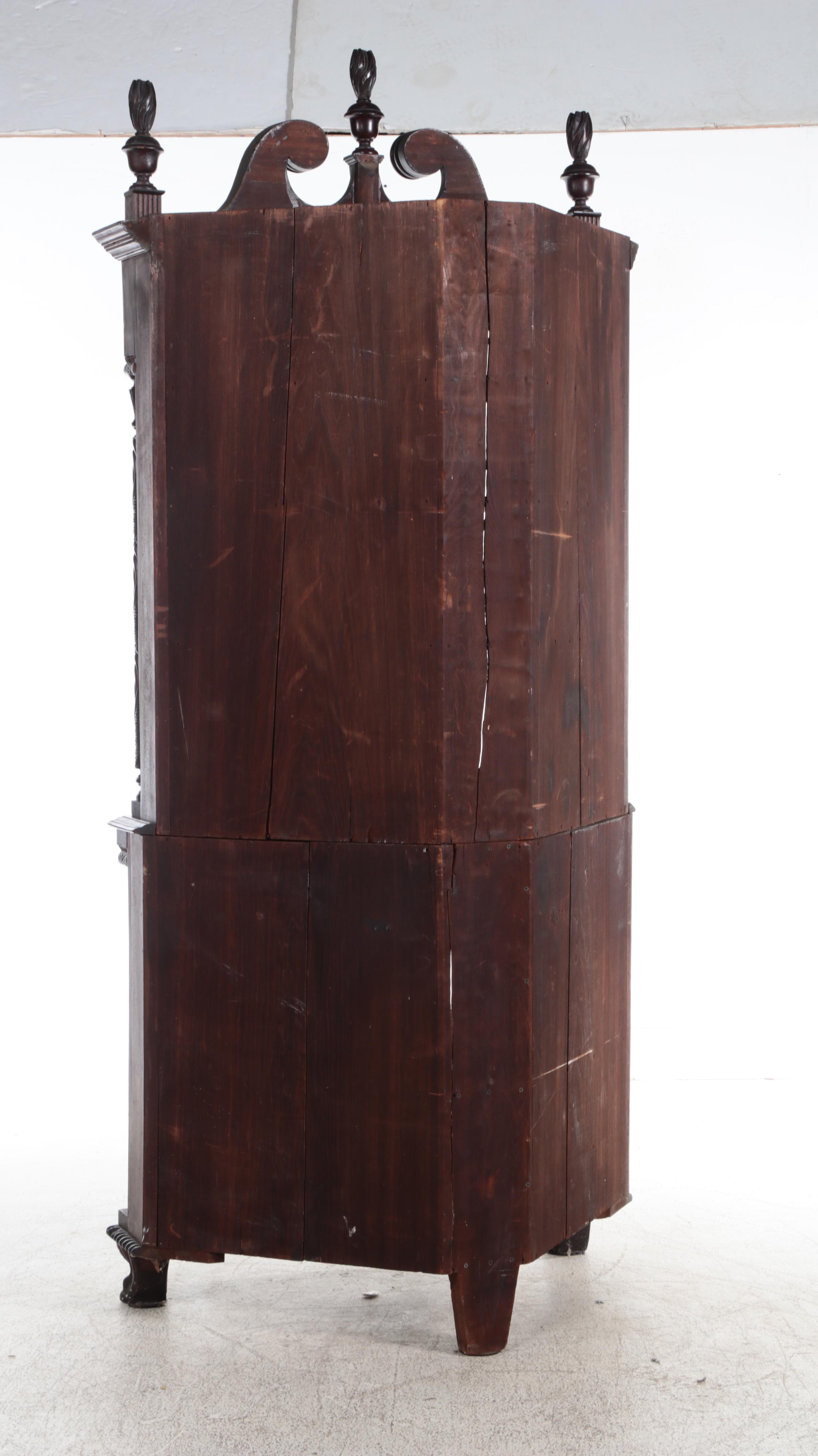 American Empire Mahogany Paw Foot Glass Front Corner Cabinet, Mid-Late 19th C.