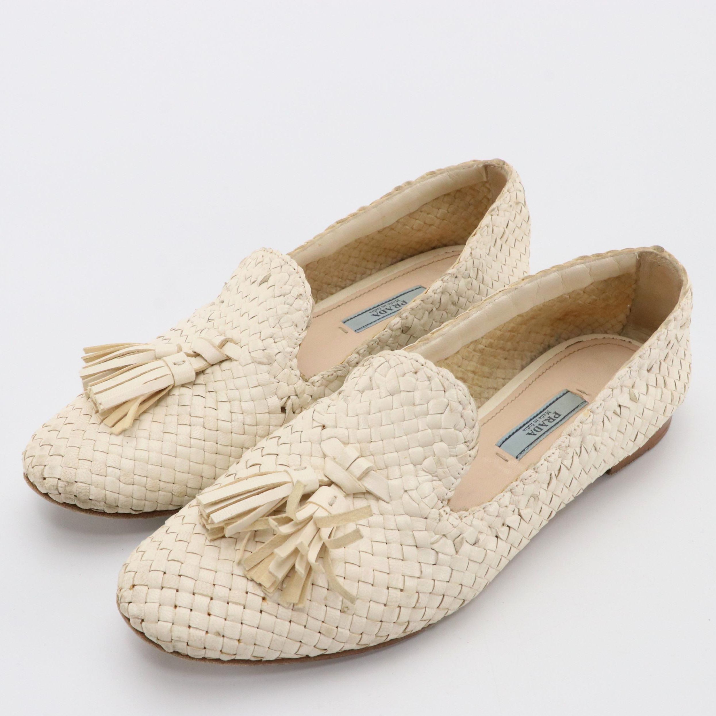 Prada White Woven Madras Tassel Loafer