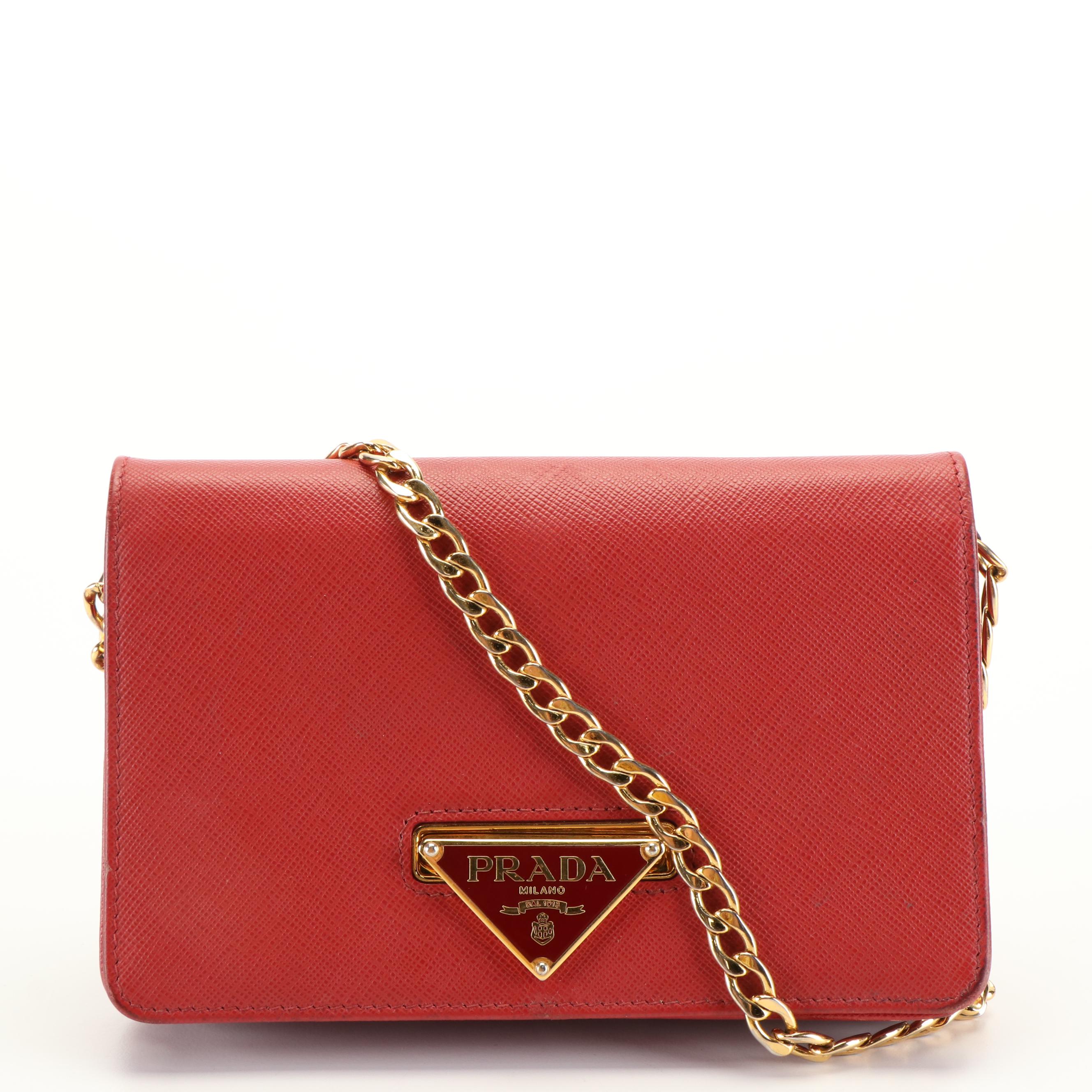Prada Bandoliera Flip Lock Red Saffiano Leather Chain Crossbody Clutch Bag