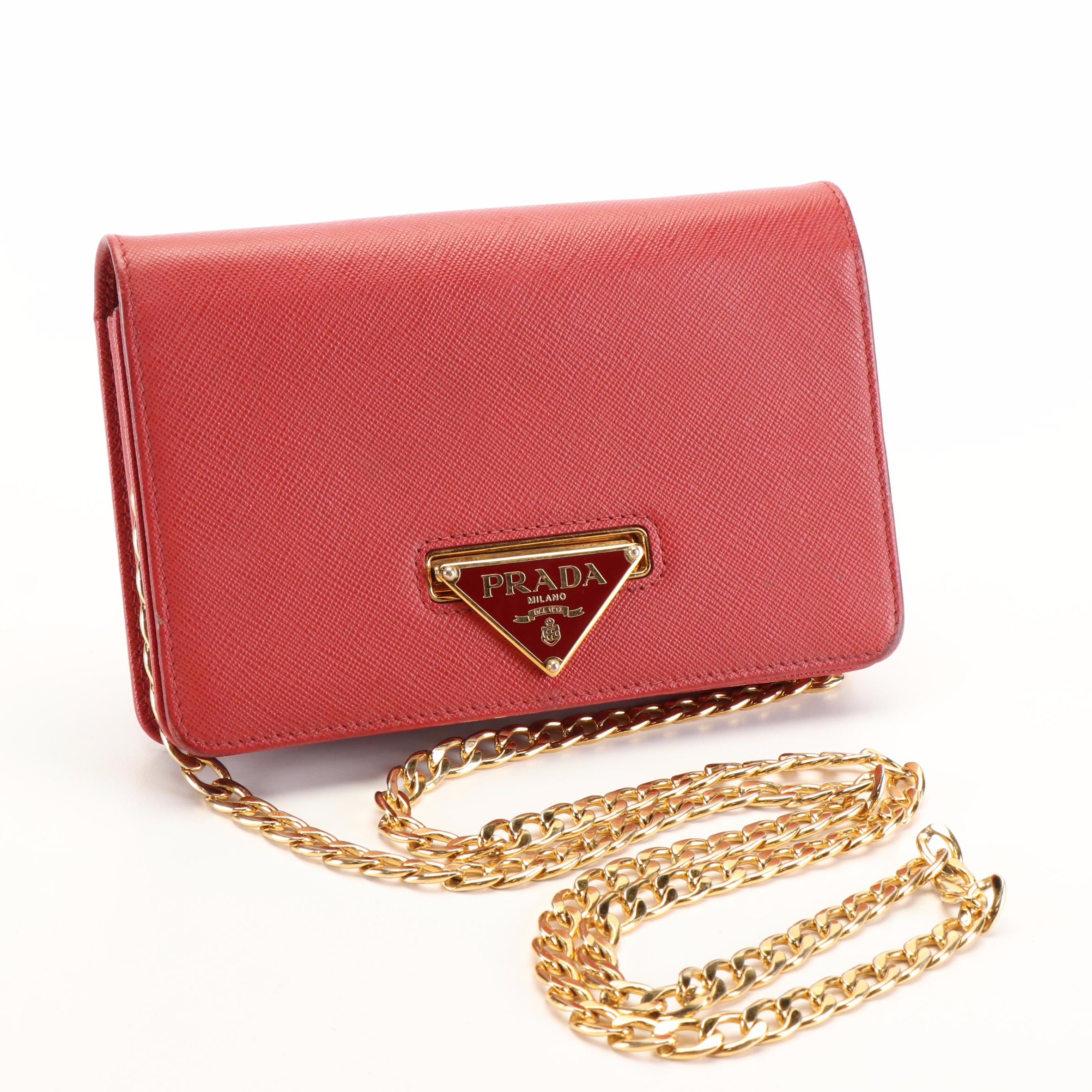 Prada Bandoliera Flip Lock Red Saffiano Leather Chain Crossbody Clutch Bag