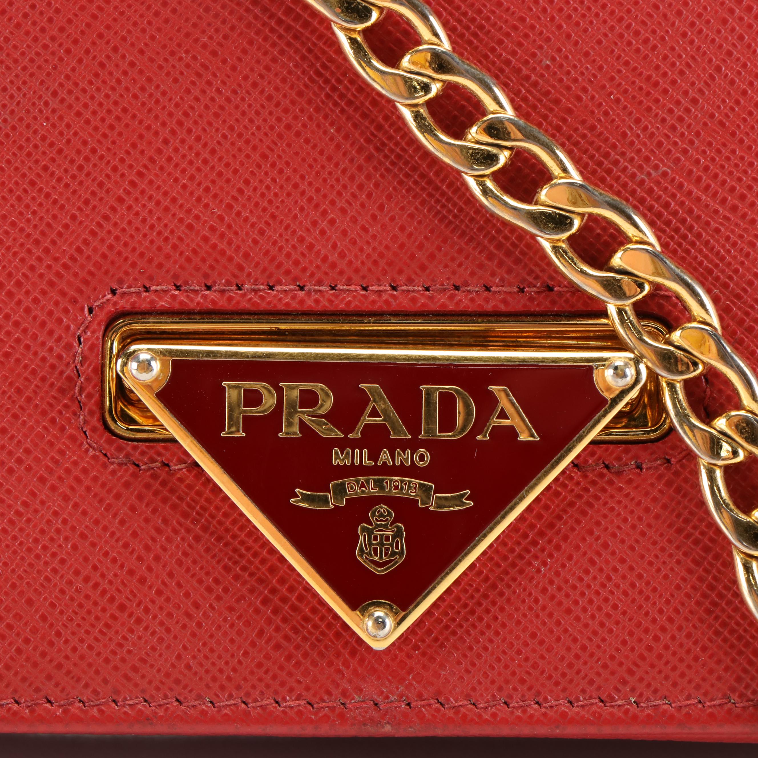 Prada Bandoliera Flip Lock Red Saffiano Leather Chain Crossbody Clutch Bag