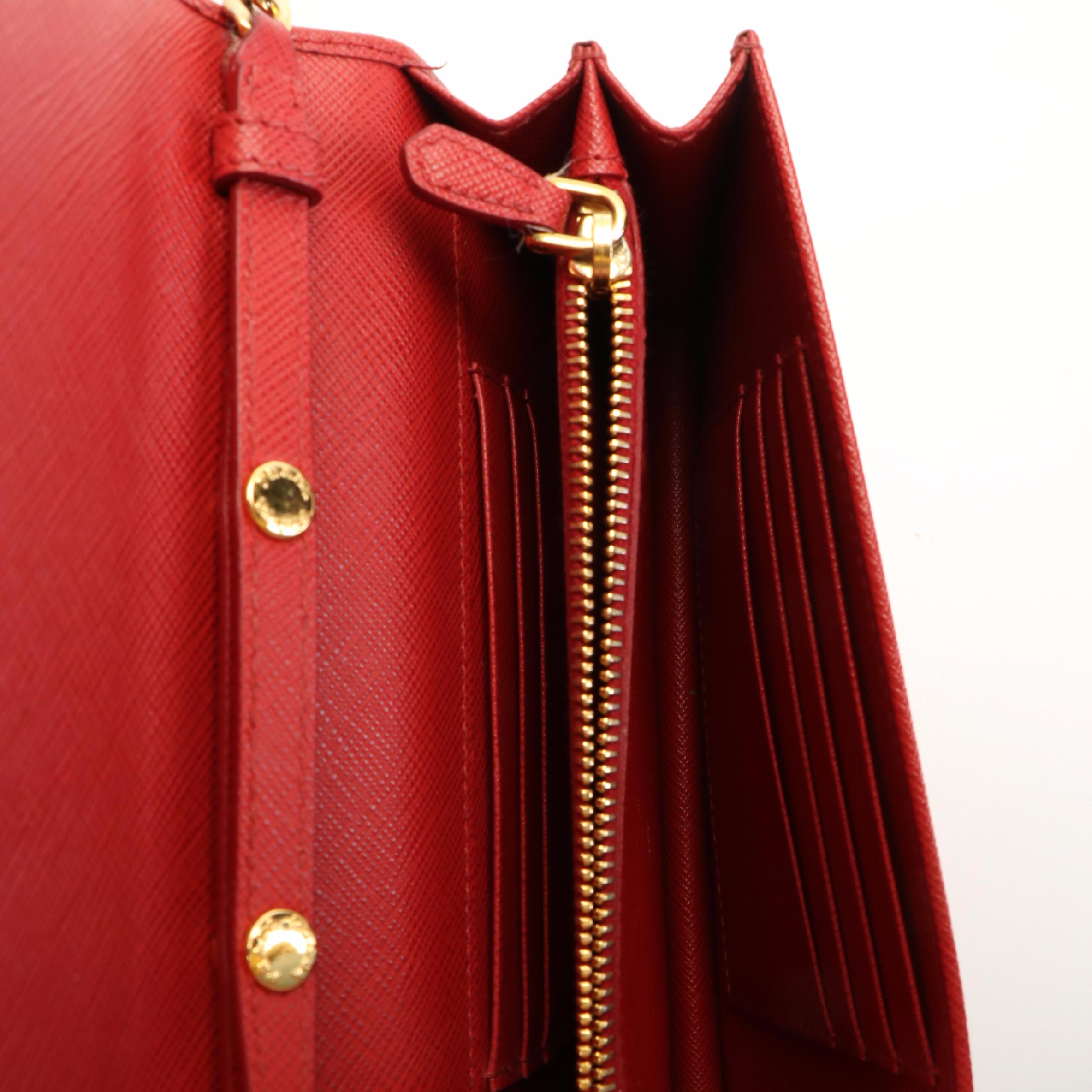 Prada Bandoliera Flip Lock Red Saffiano Leather Chain Crossbody Clutch Bag