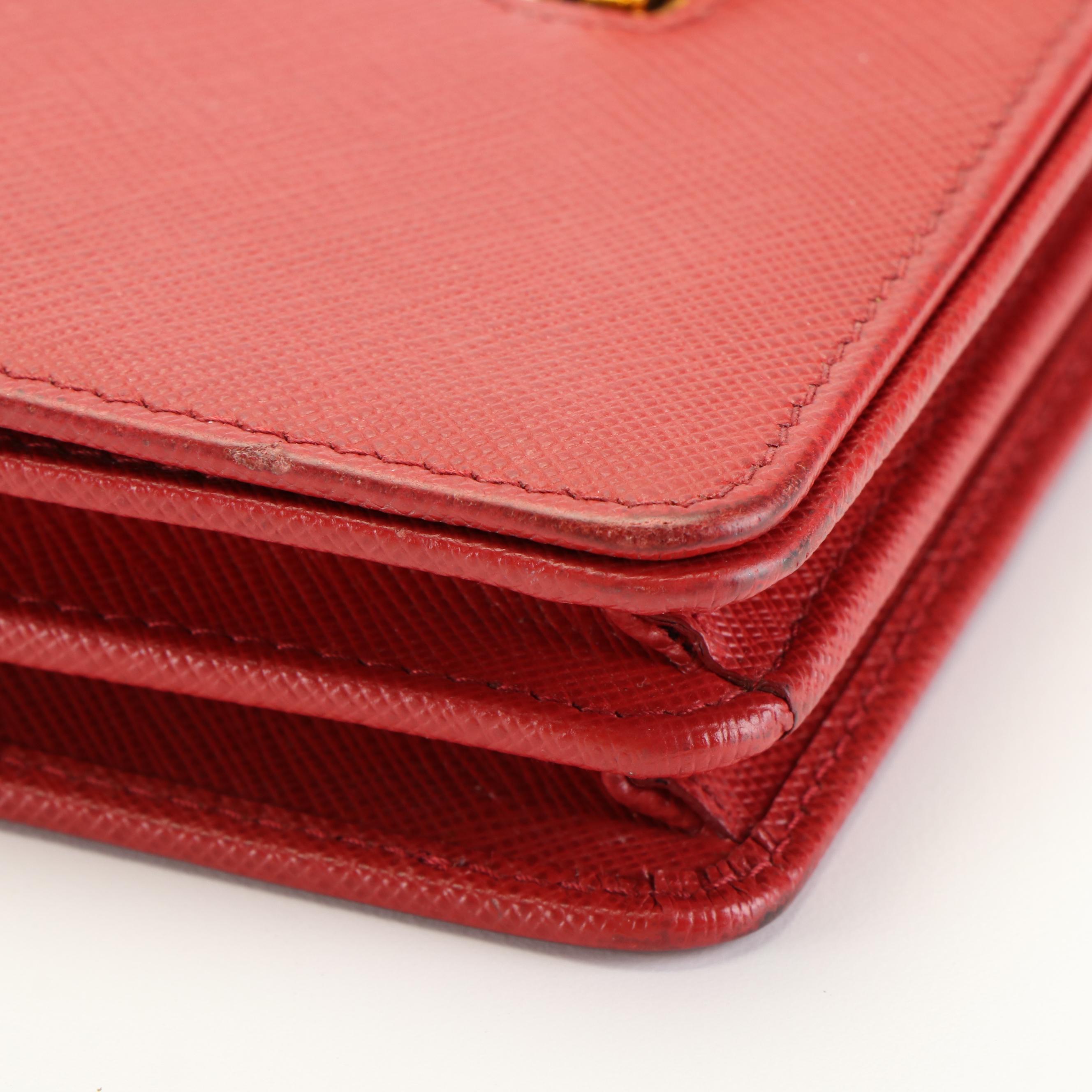 Prada Bandoliera Flip Lock Red Saffiano Leather Chain Crossbody Clutch Bag