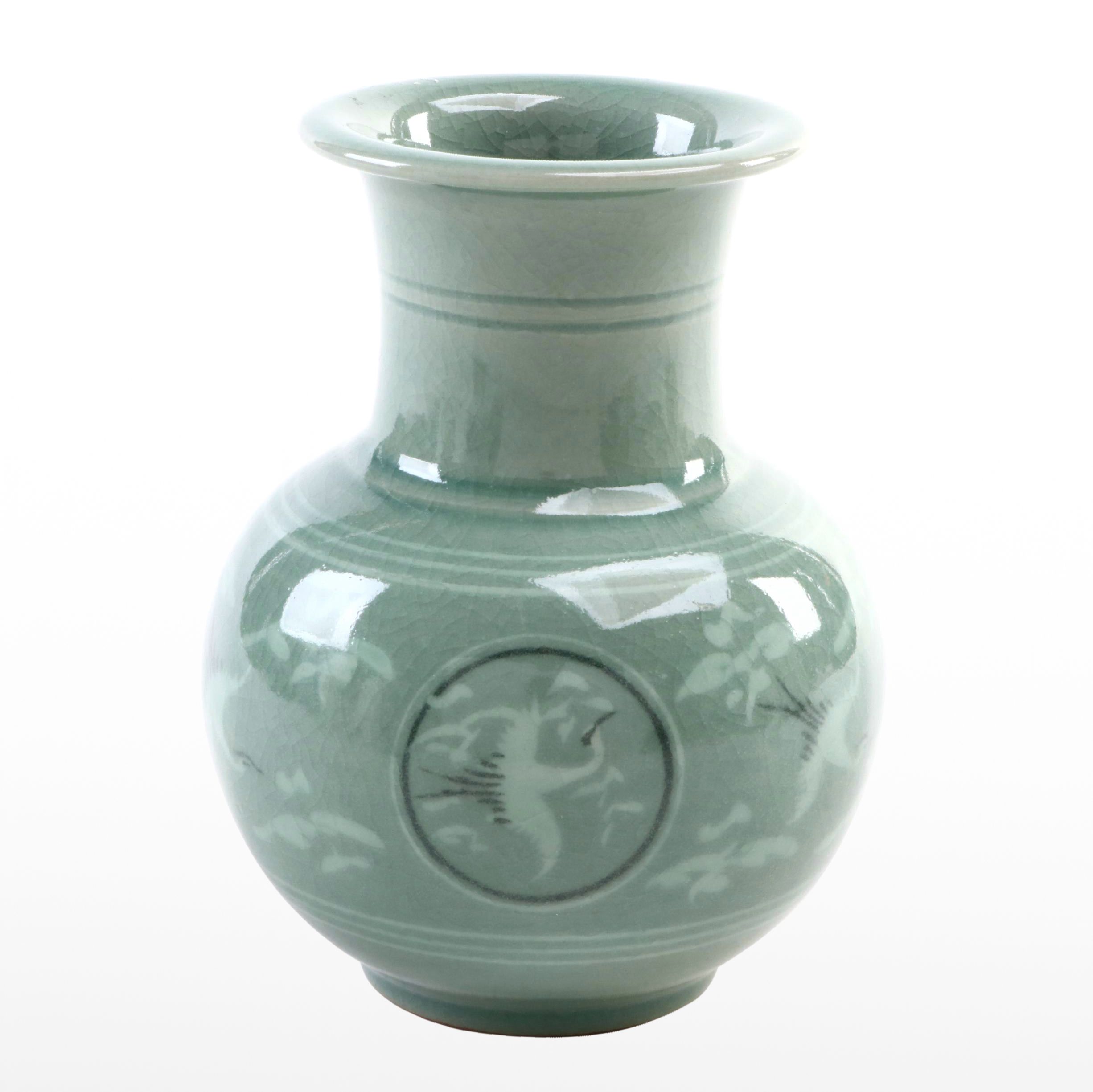 Korean Porcelain Celadon Crane Pattern Vase