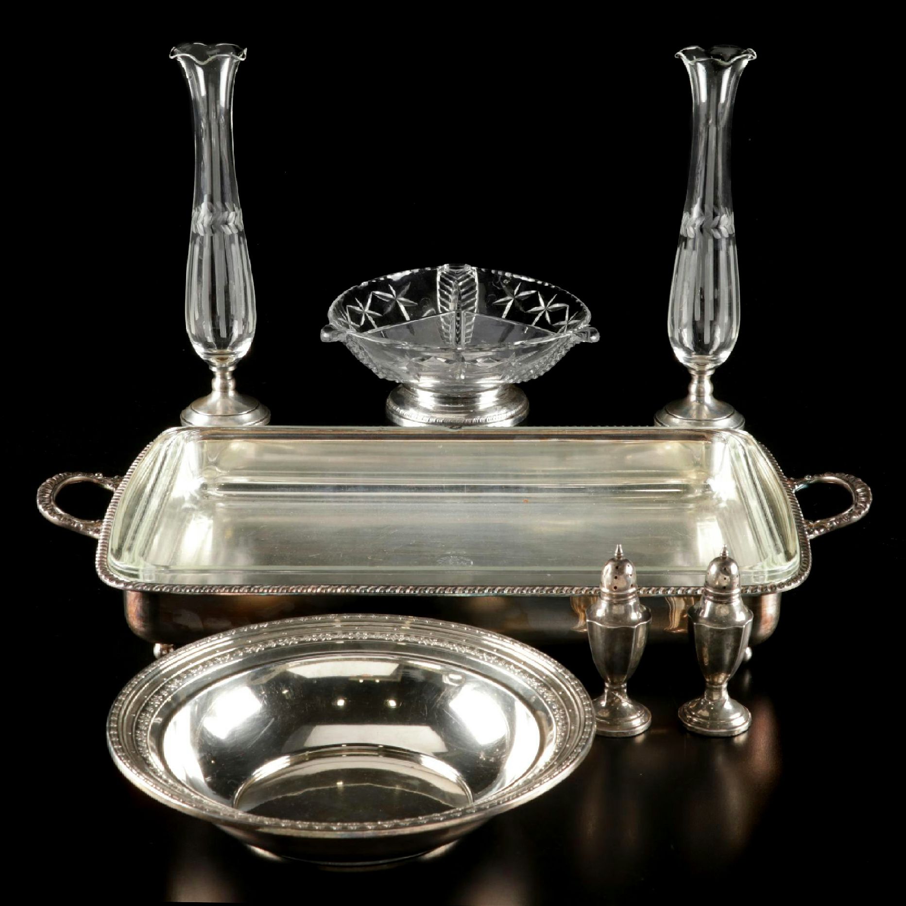 Sterling Silver Bowl, Crystal Relish Bowl with Sterling Base and Other Items