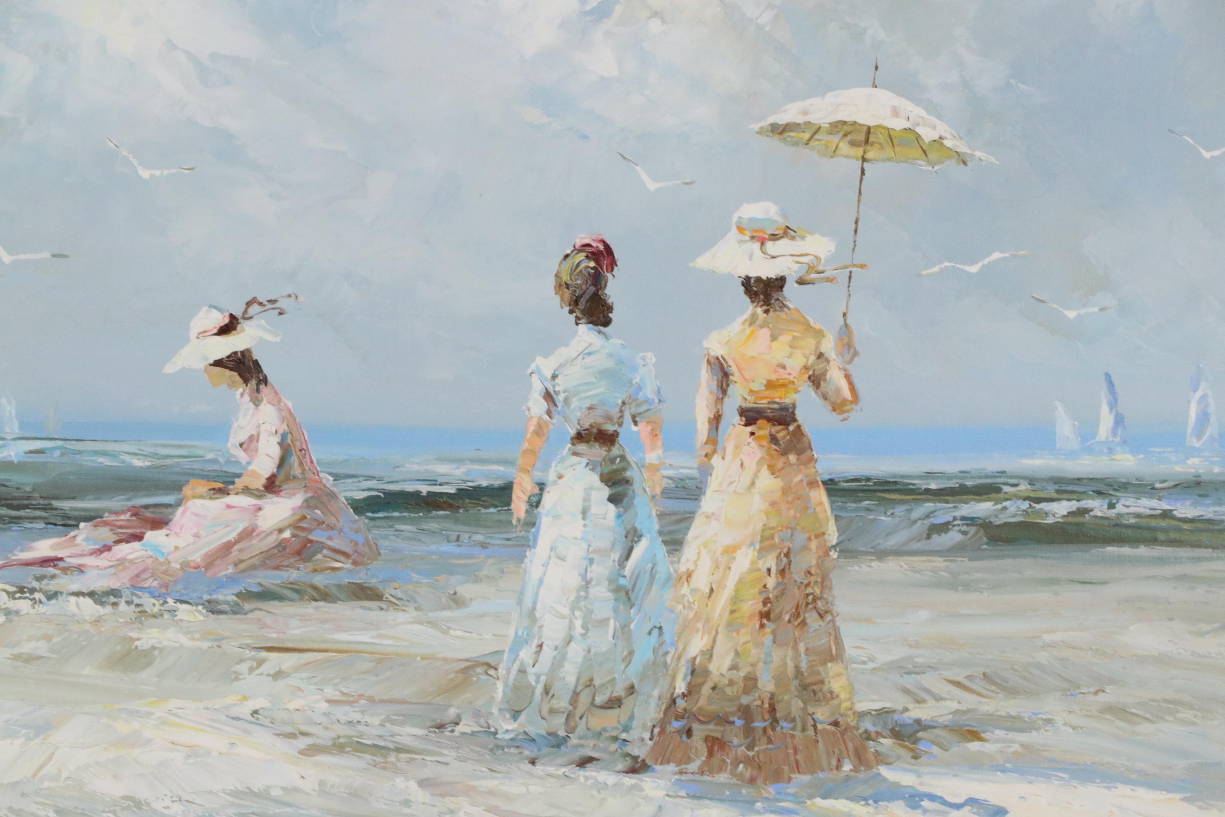 Marie Charlot Victorian Beach Scene Impressionist Style Oil Painting