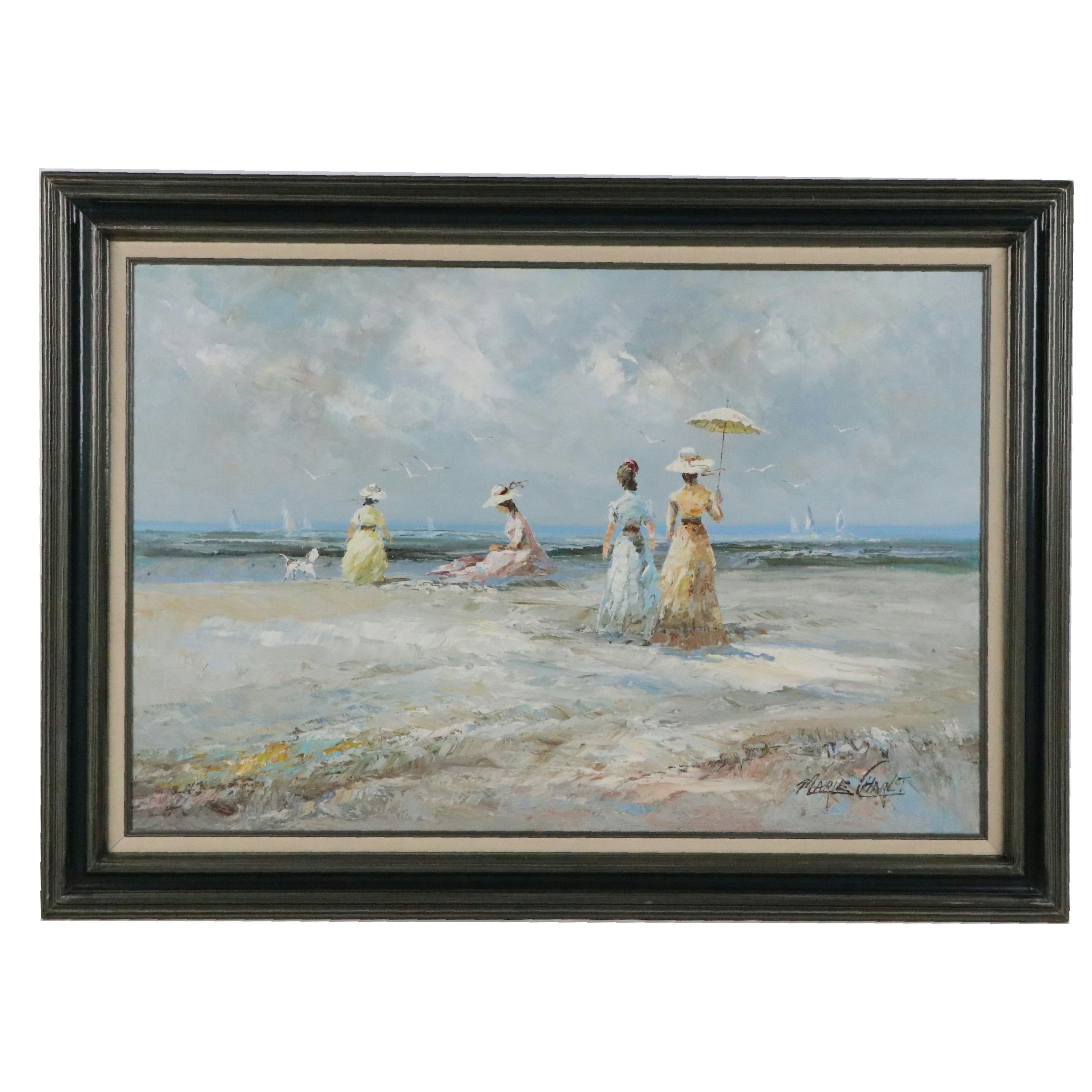 Marie Charlot Victorian Beach Scene Impressionist Style Oil Painting