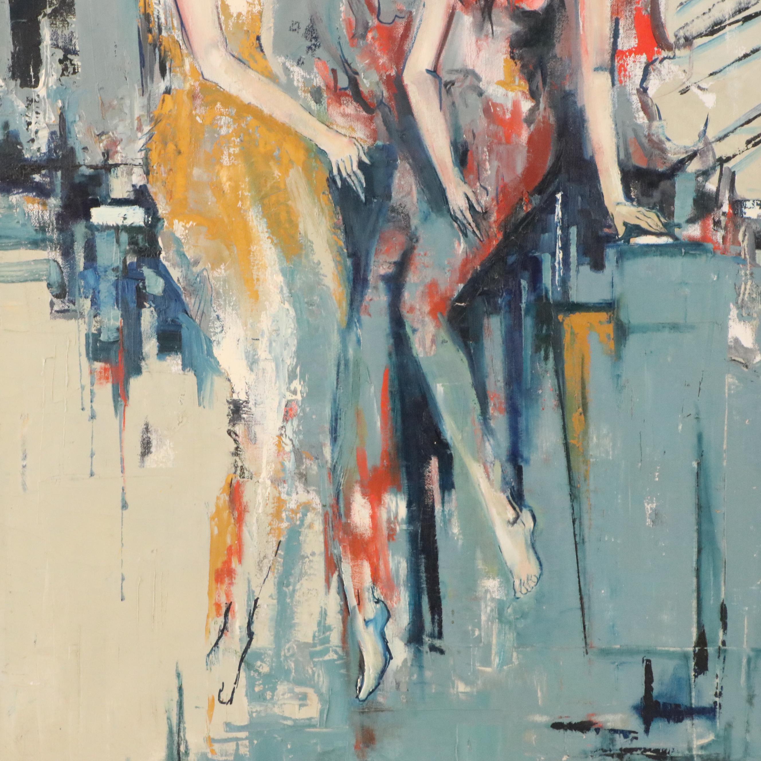 Stylized Figural Oil Painting with Two Women